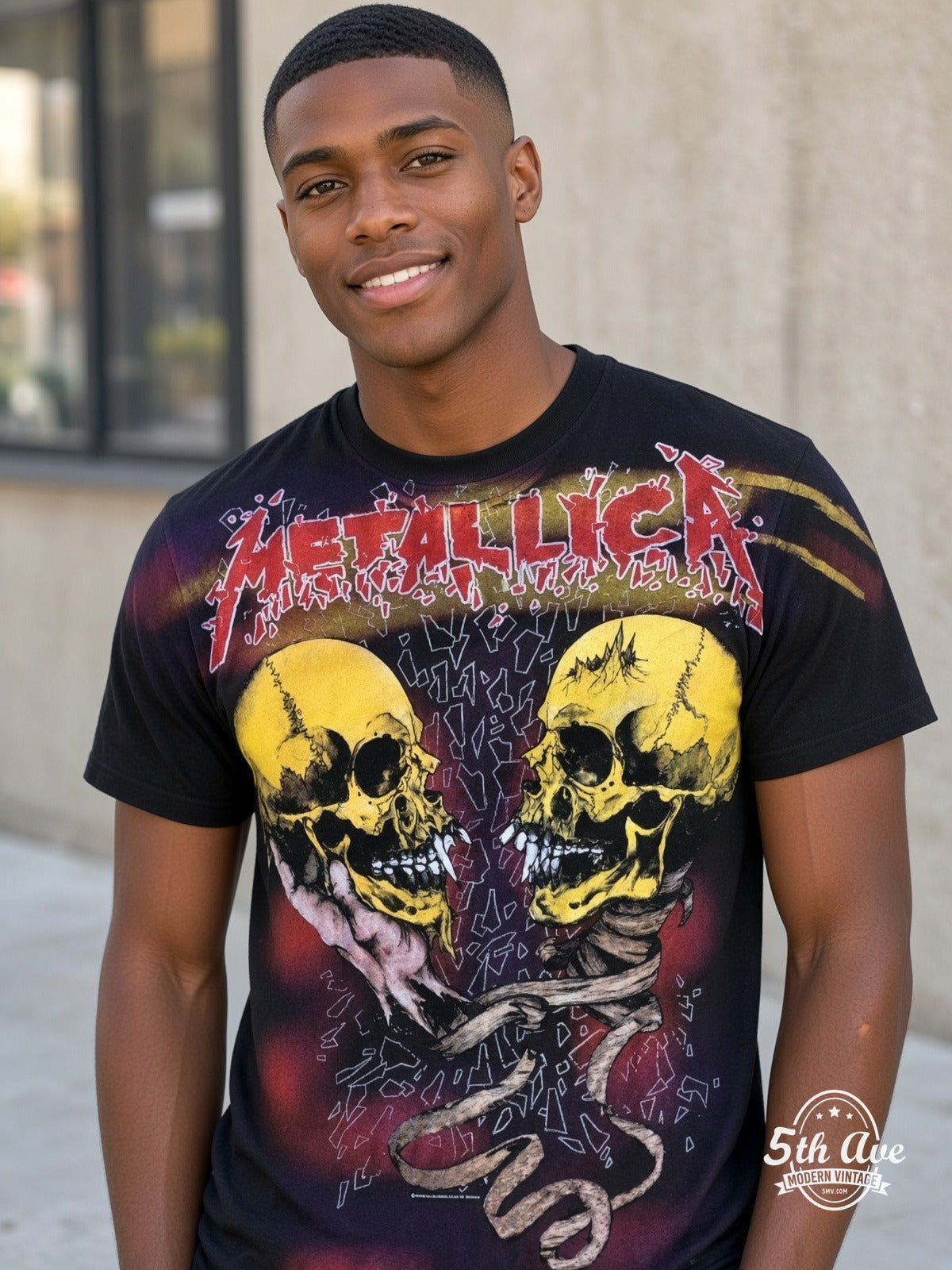 Metallica Dual Skulls Snake all over print vintage tee model wearing