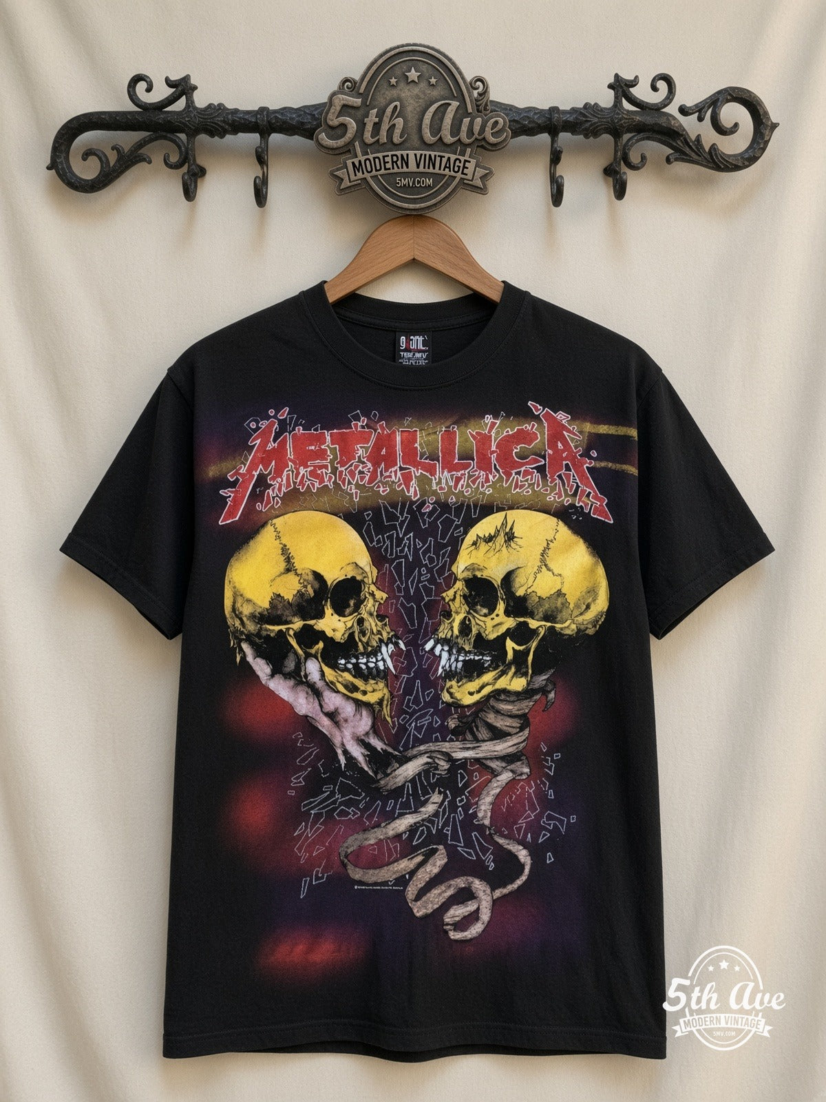 Metallica Dual Skulls Snake all over print vintage band t-shirt front on cream 5th Ave rack
