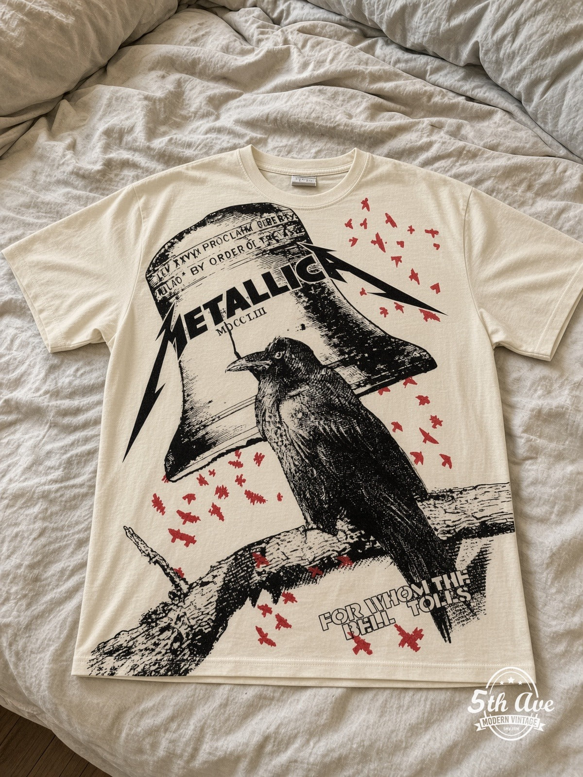 Metallica For Whom the Bell Tolls Crow all over print vintage tee laid on bed