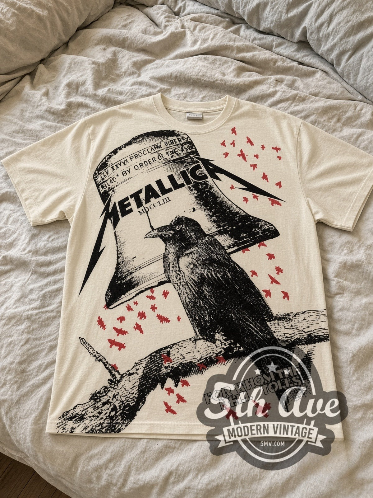 Metallica For Whom the Bell Tolls Crow all-over-print vintage band tee laid flat