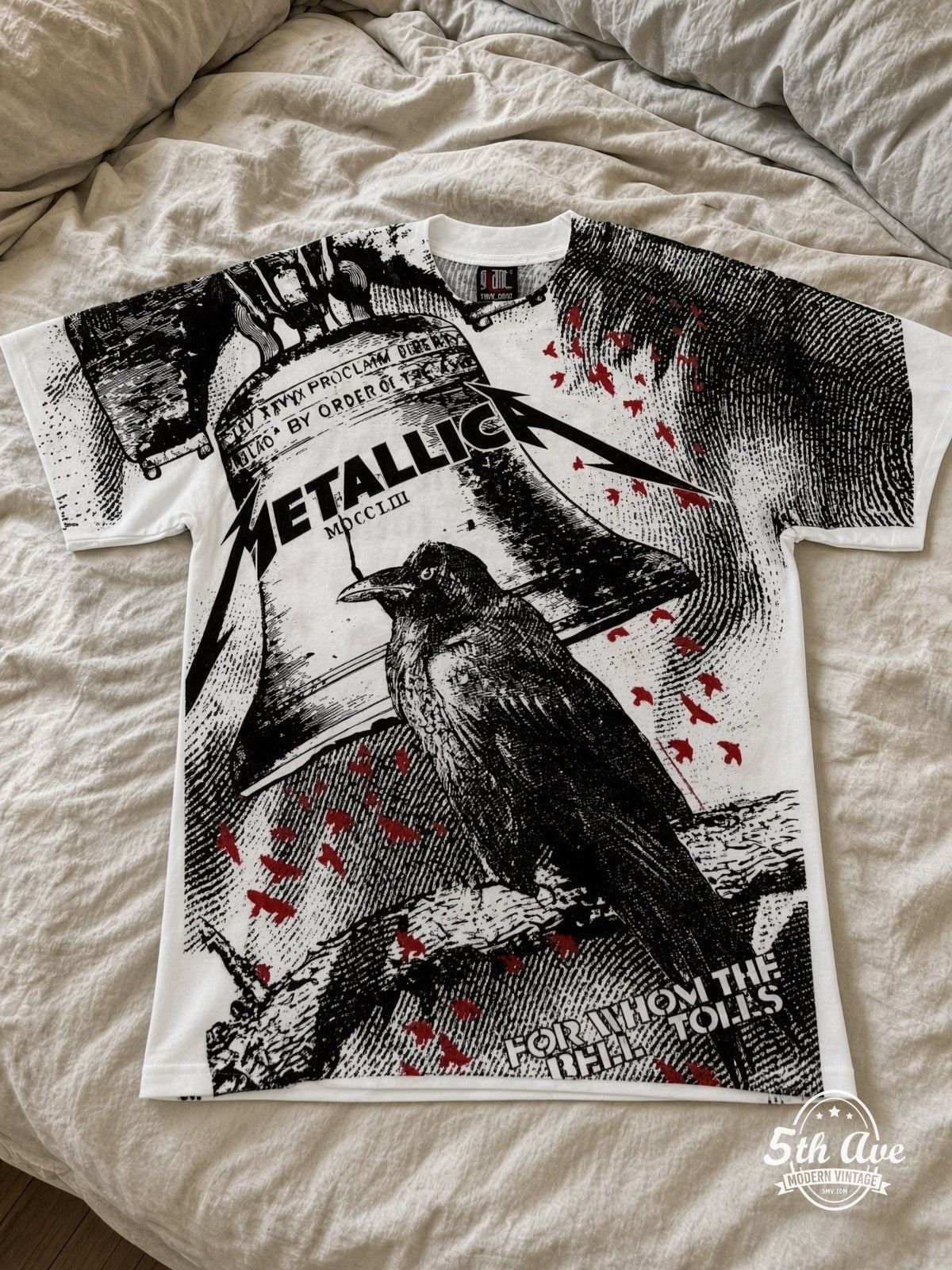 Metallica For Whom the Bell Tolls Crow White all over print vintage tee laid on bed