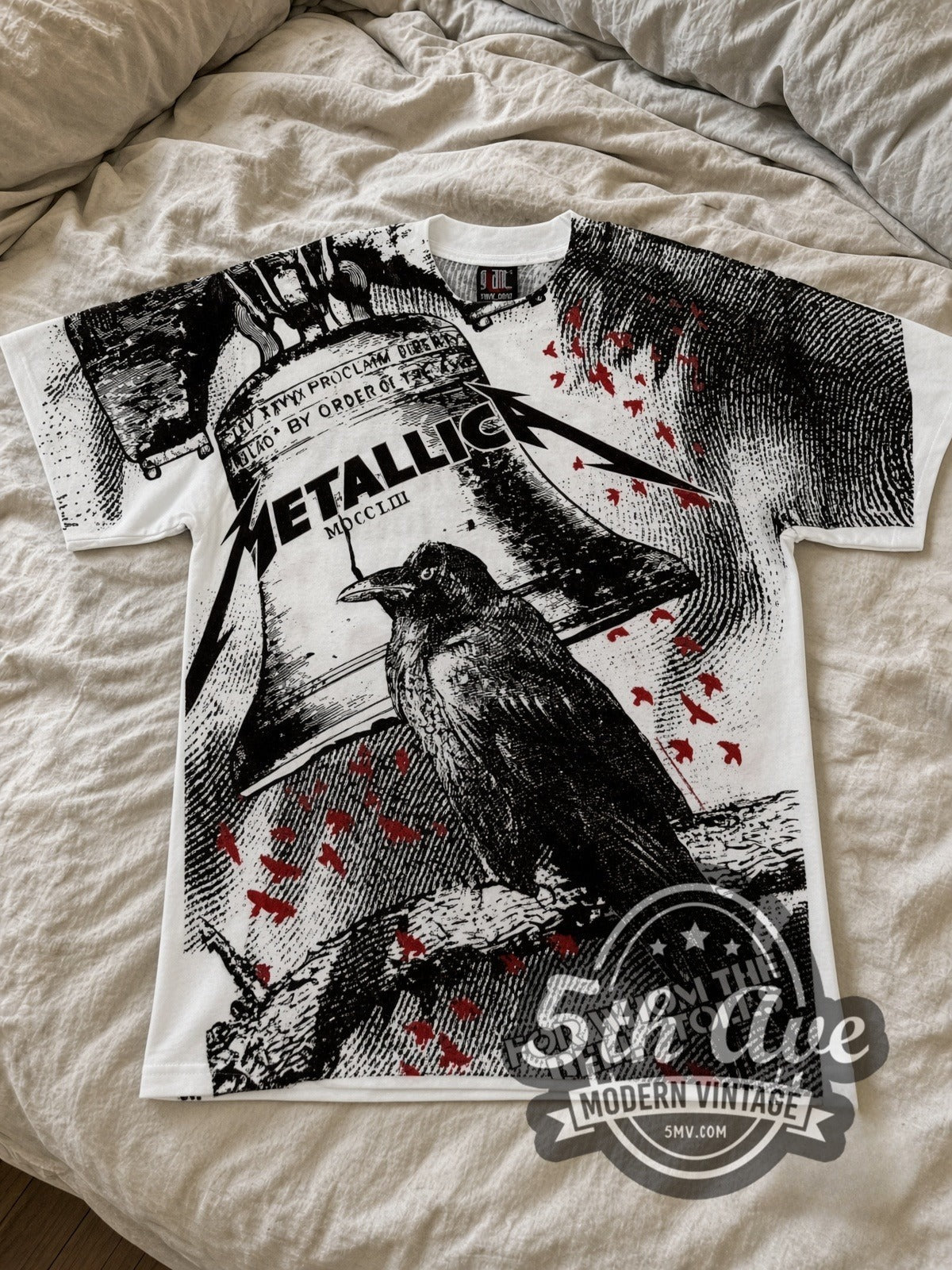 Metallica For Whom the Bell Tolls Crow White all-over-print vintage band tee laid flat
