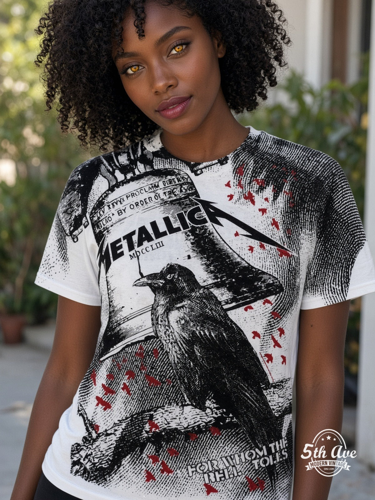 Metallica For Whom the Bell Tolls Crow White all over print vintage tee model wearing
