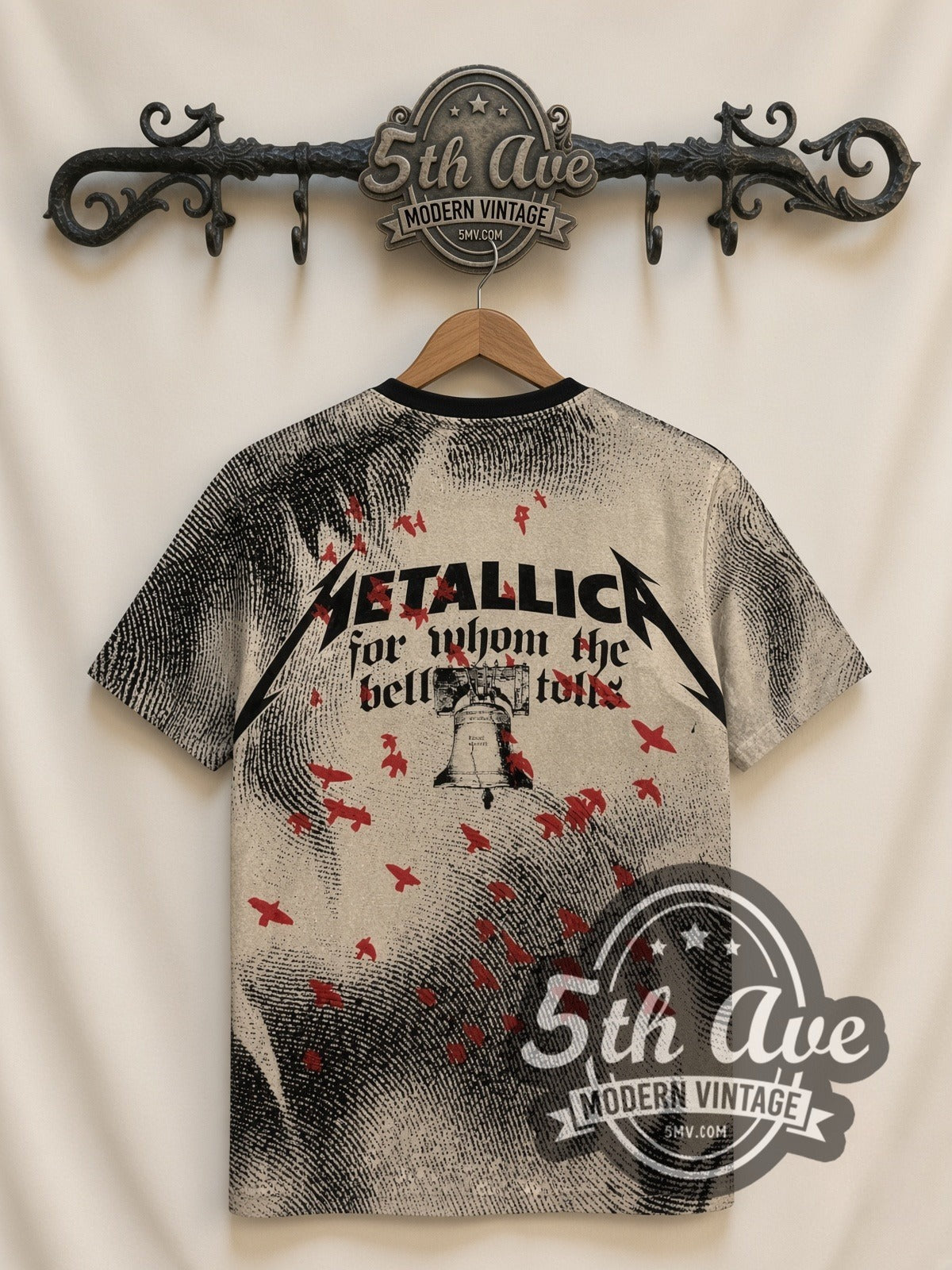 Metallica For Whom the Bell Tolls Crow all-over-print vintage band t-shirt, back view on a display rack
