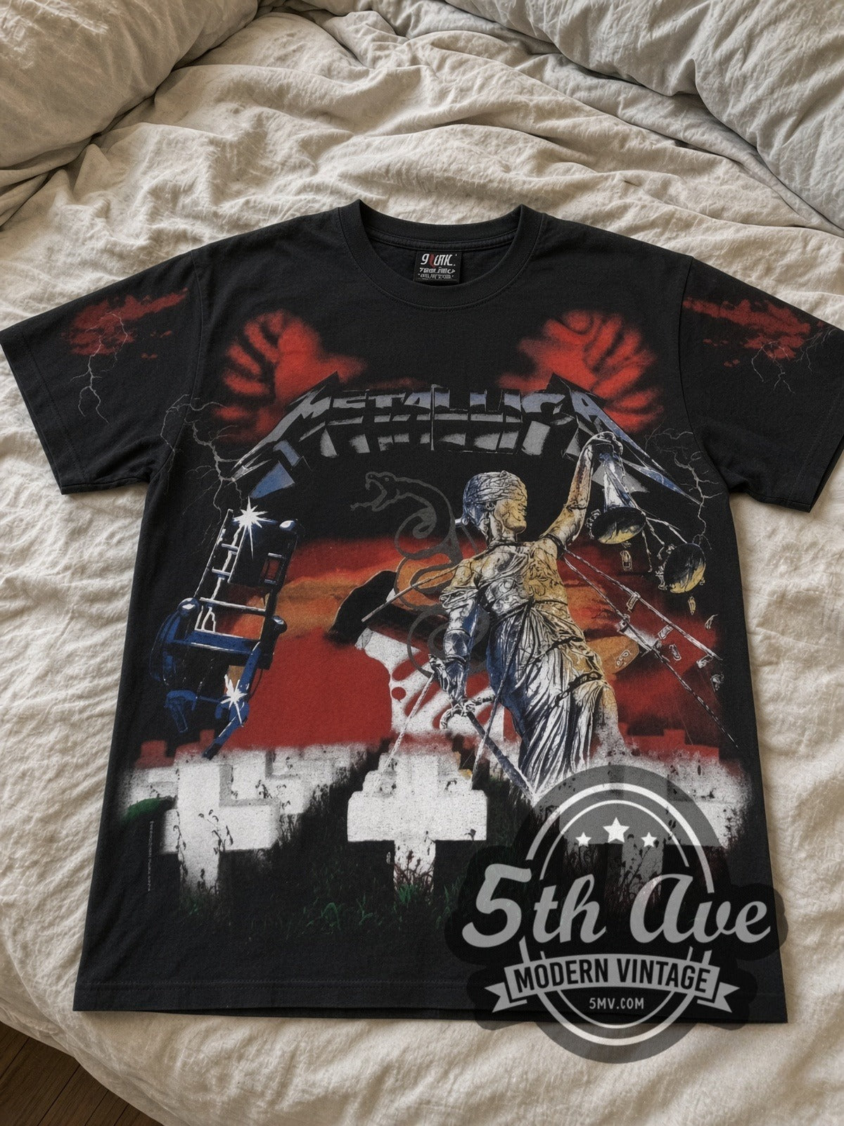 Metallica Master of Puppets Graveyard all-over-print vintage band tee laid flat