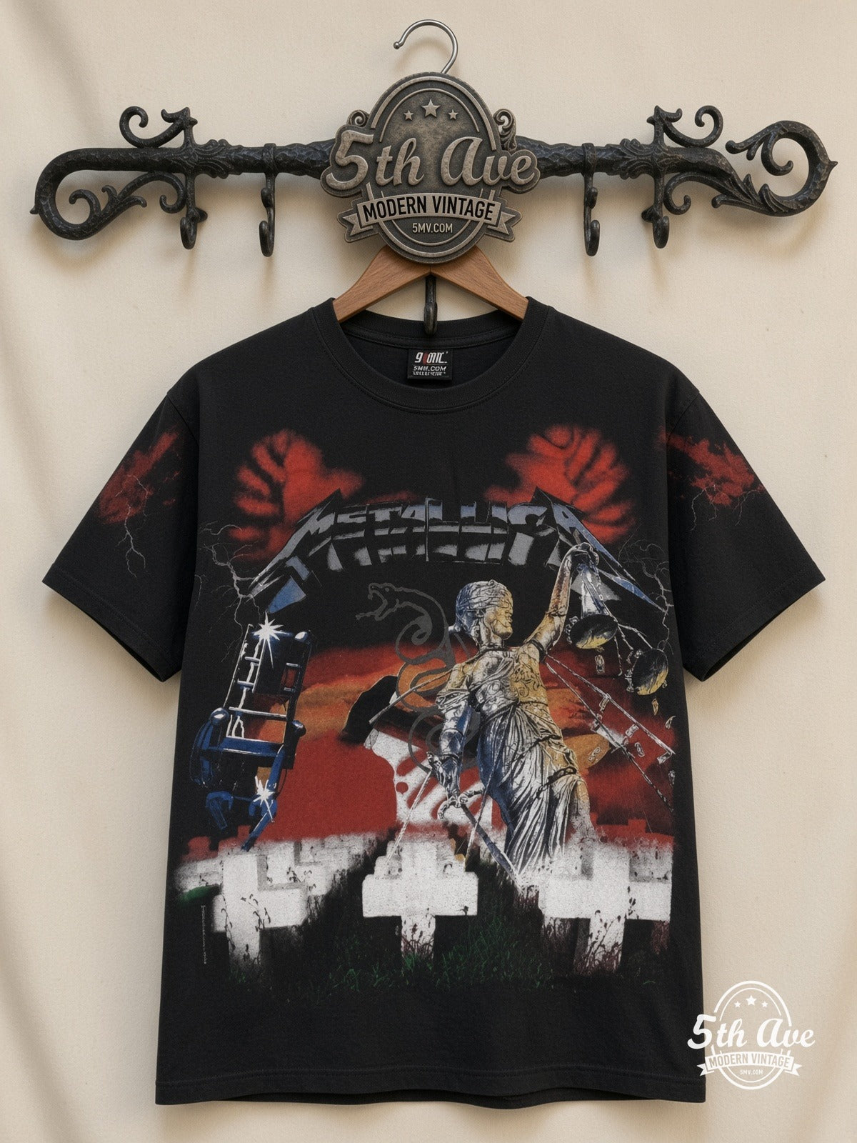 Metallica Master of Puppets Graveyard all over print vintage band t-shirt front on cream 5th Ave rack