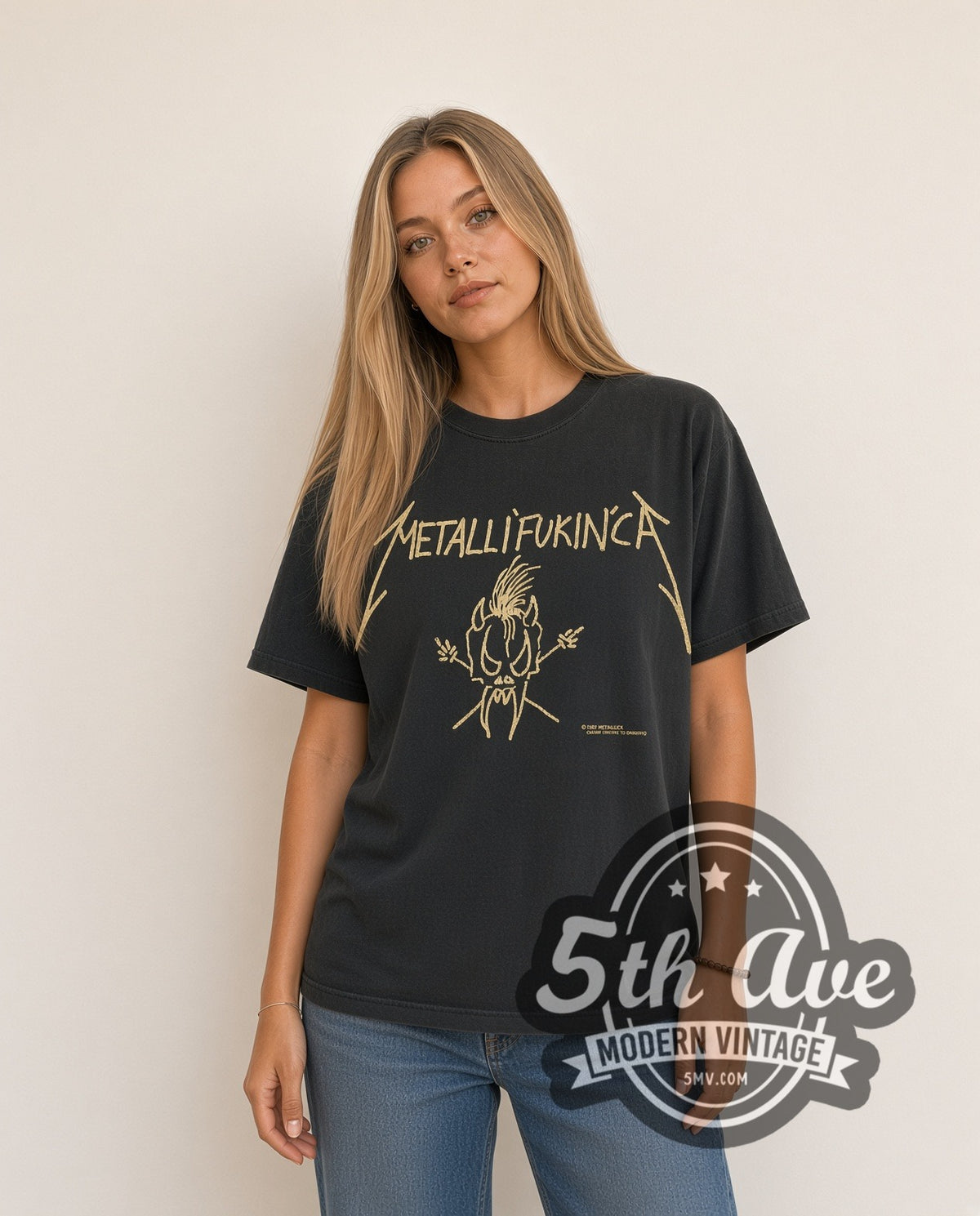 Woman wearing Metallica Metallifukinca Scary Guy vintage band t-shirt