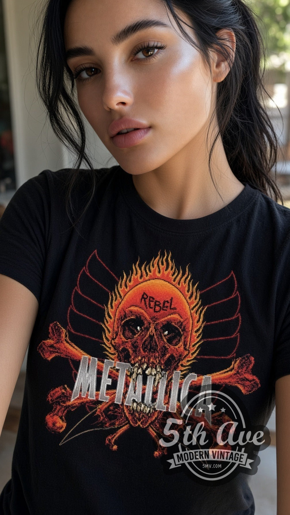 Model wearing Metallica Rebel flaming skull vintage band tee