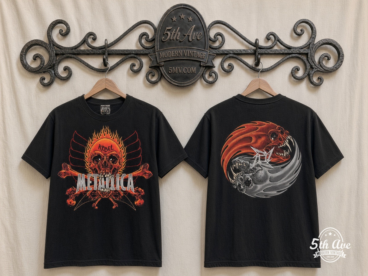 Metallica Rebel flaming skull vintage band t-shirt on rack