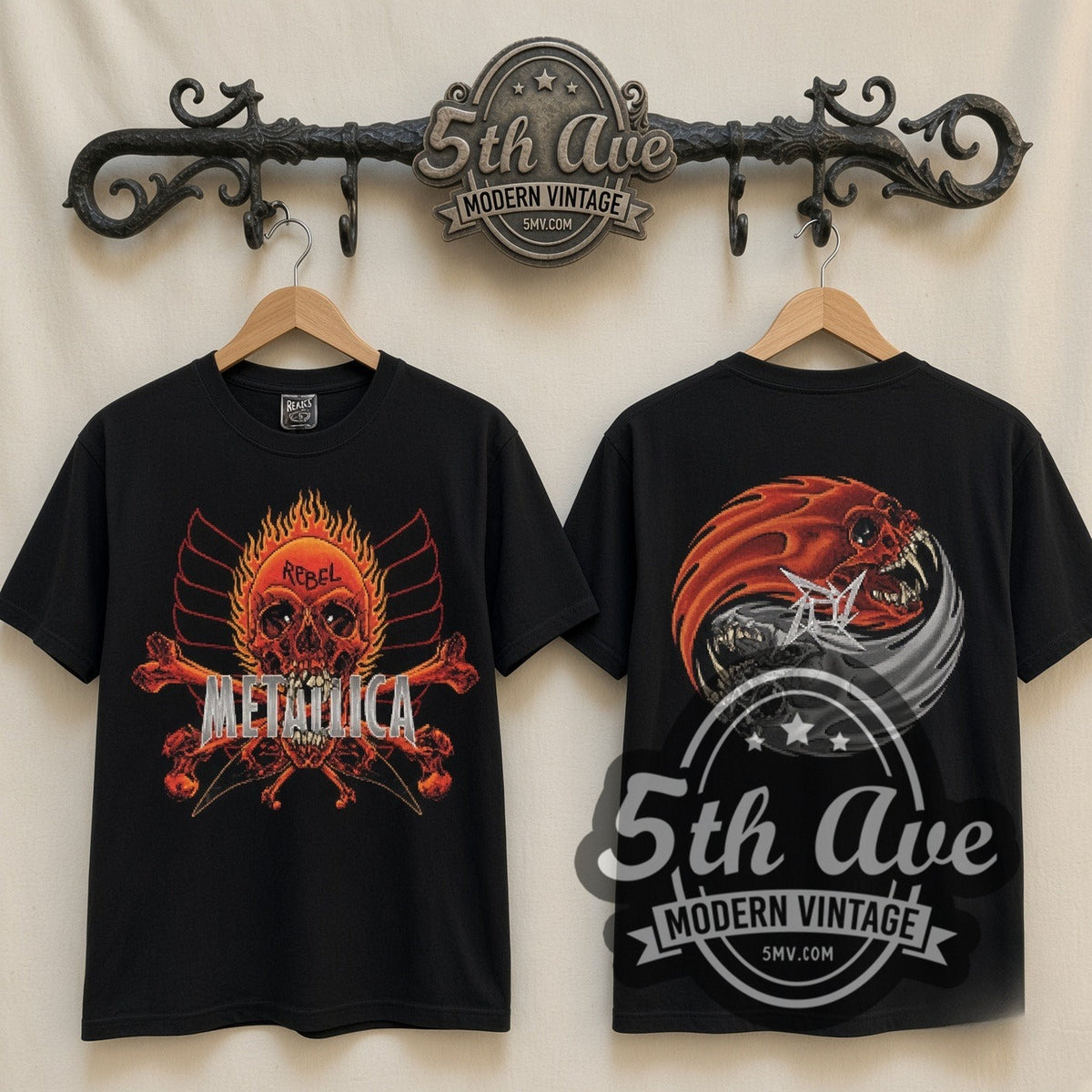 Metallica Rebel Flaming Skull vintage band t-shirt, front view on a display rack