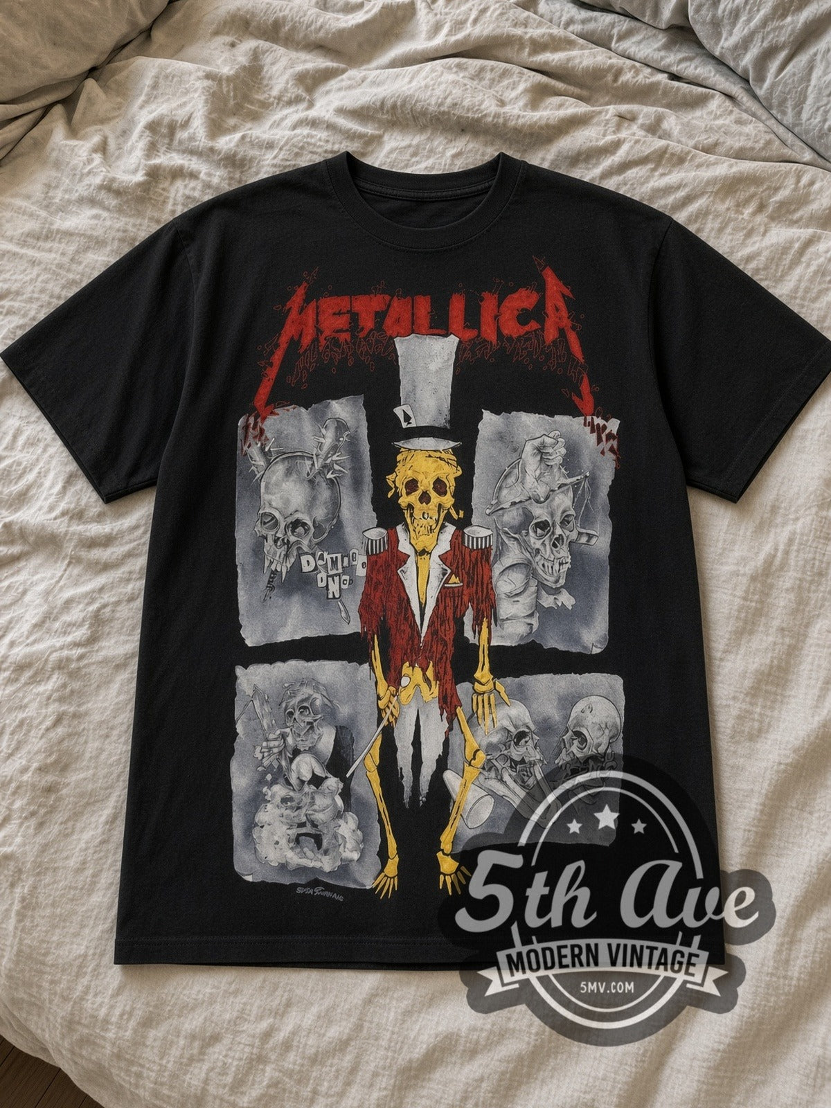 Black Metallica Ringmaster 1992 All Over Print Vintage Band T-Shirt laid flat on a linen bed