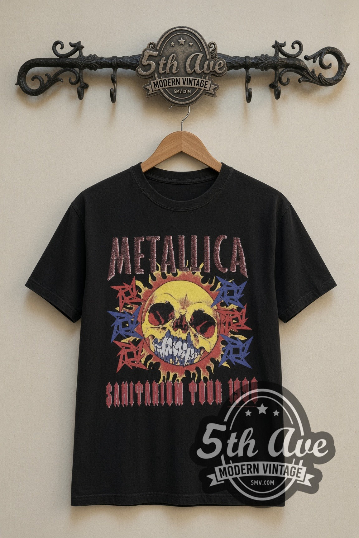 Metallica Sanitarium Skull 1998 Tour Dates vintage band t-shirt in black, front view on a display rack
