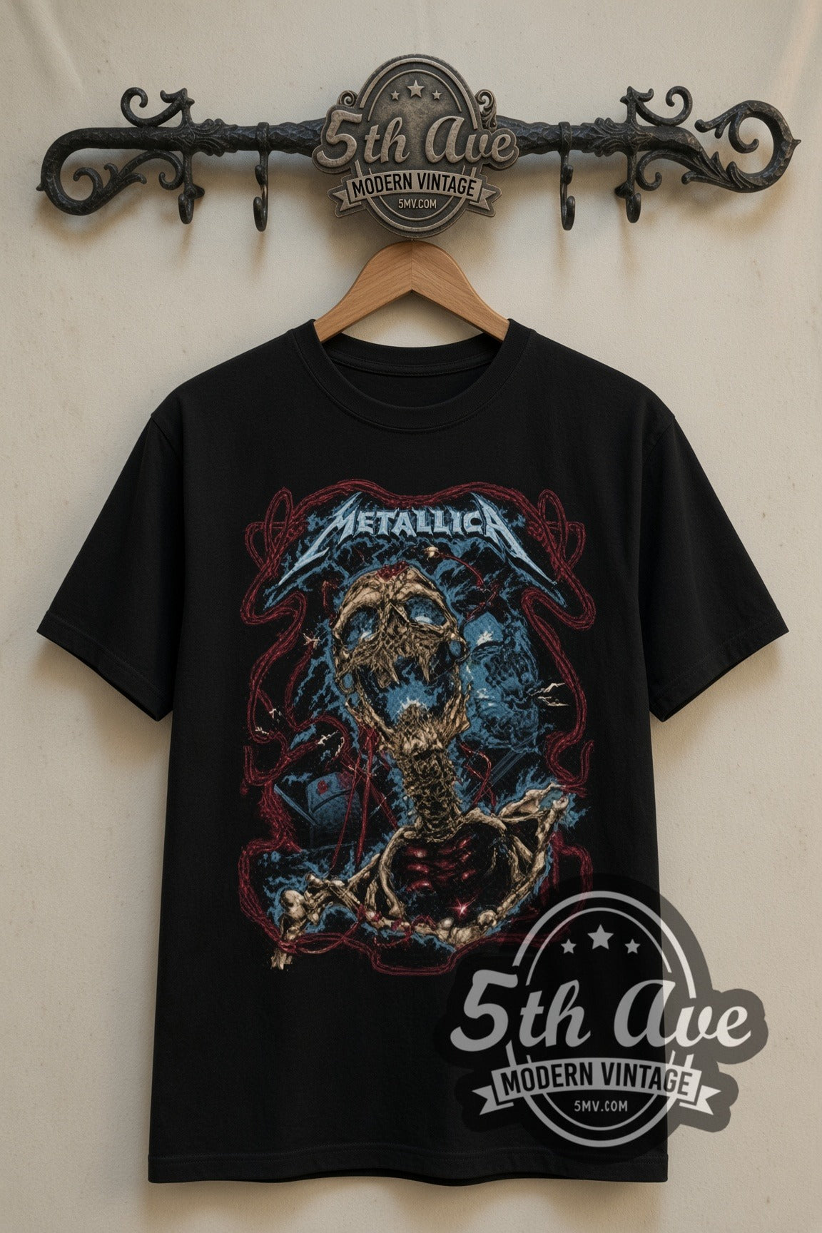 Metallica Skeleton Rising double stitched black tee front on dark iron 5th Ave rack