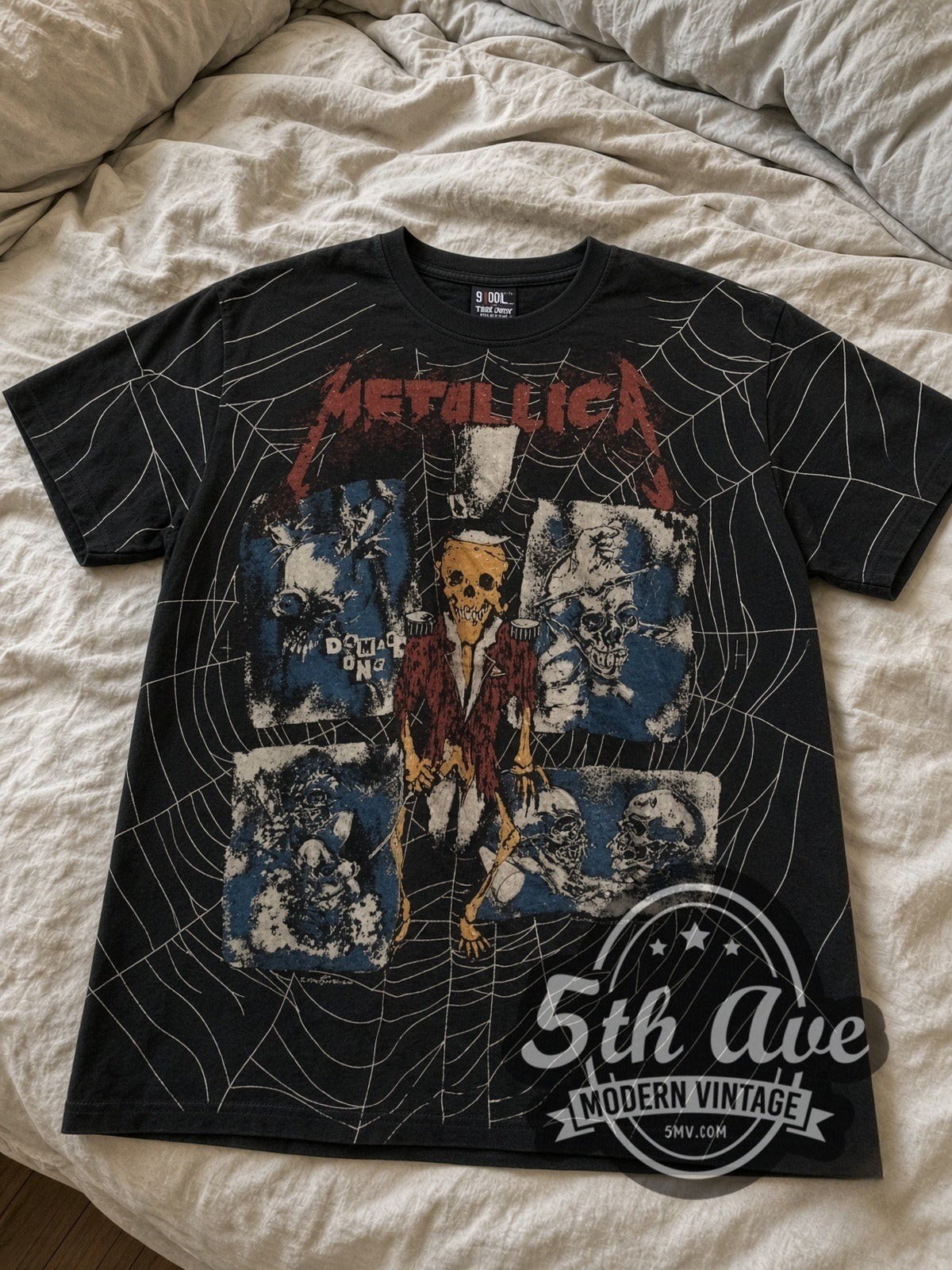 Metallica Skeleton Spiderweb all-over-print vintage band tee laid flat