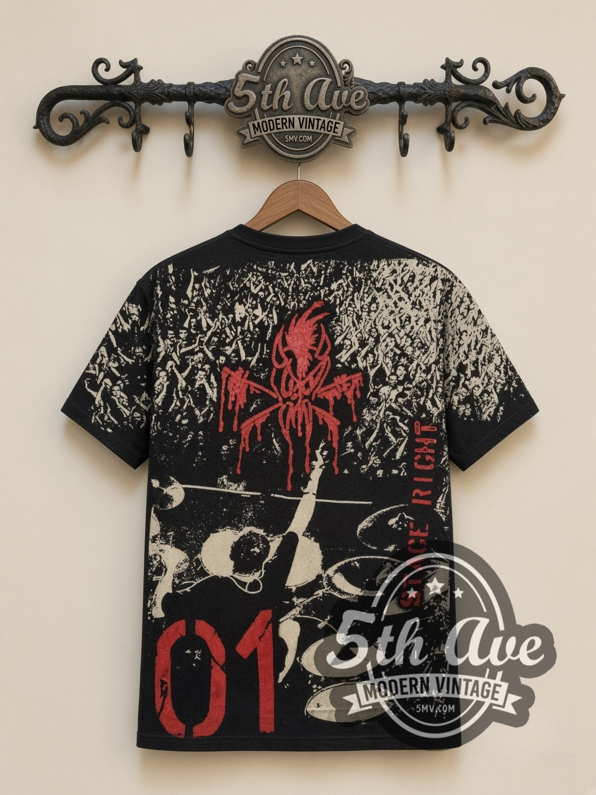 Metallica Stage Right 01 all-over-print vintage band t-shirt in black, back view on a display rack