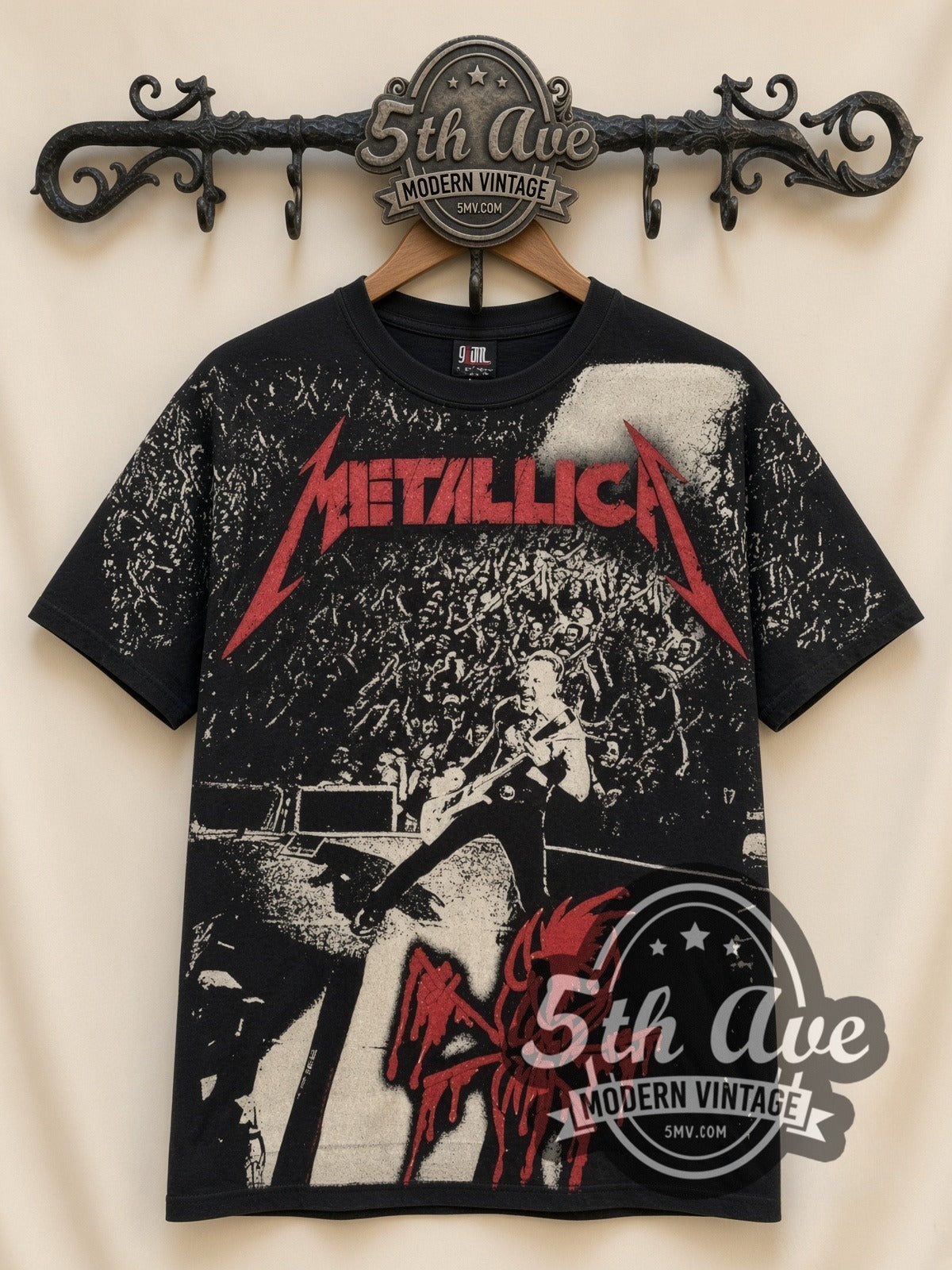 Metallica Stage Right 01 all-over-print vintage band t-shirt in black, front view on a display rack
