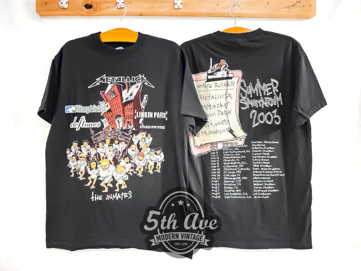 Metallica 'Summer Sanitarium Tour 2003' X Limp Bizkit, Linkin Park, Deftones, and Mudvayne - Vintage Reprint Band T-Shirt - Vintage Band Shirts