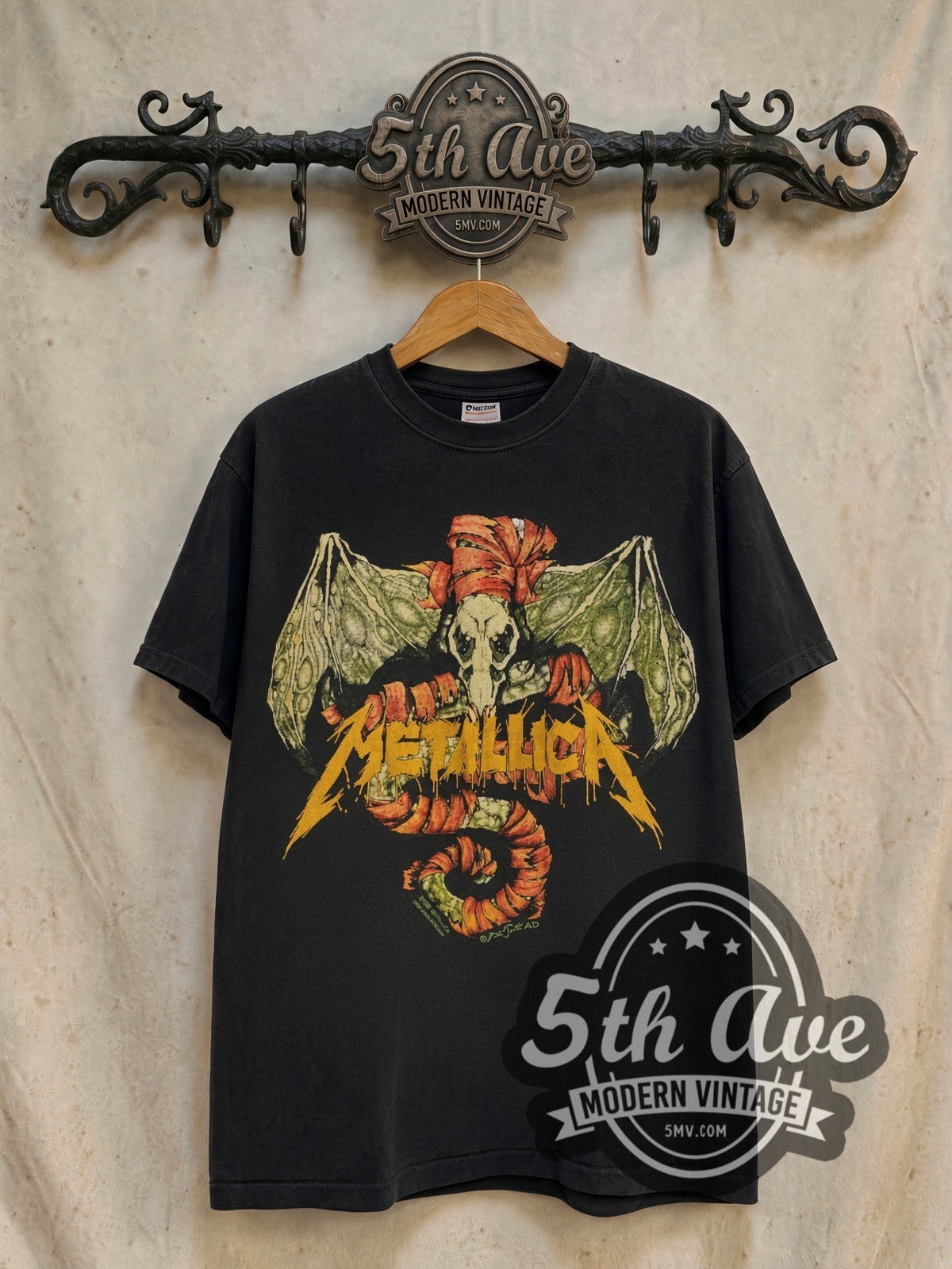 Metallica Wherever I May Roam vintage band t-shirt, front view on a display rack