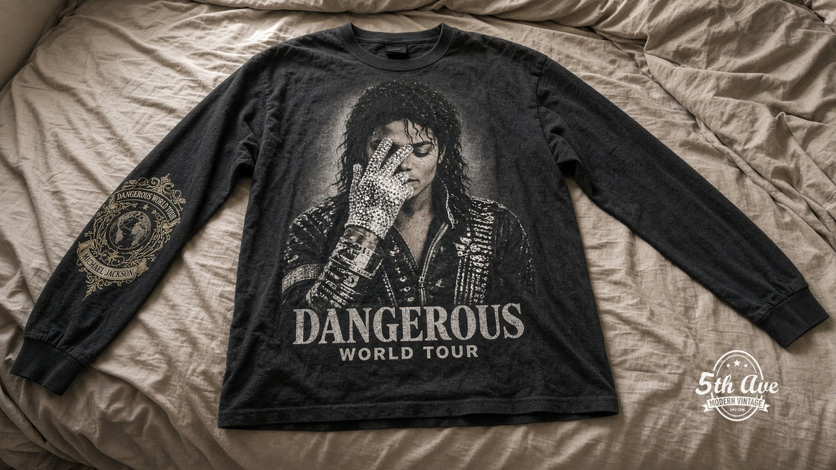 Michael Jackson Dangerous World Tour vintage t-shirt laid on bed