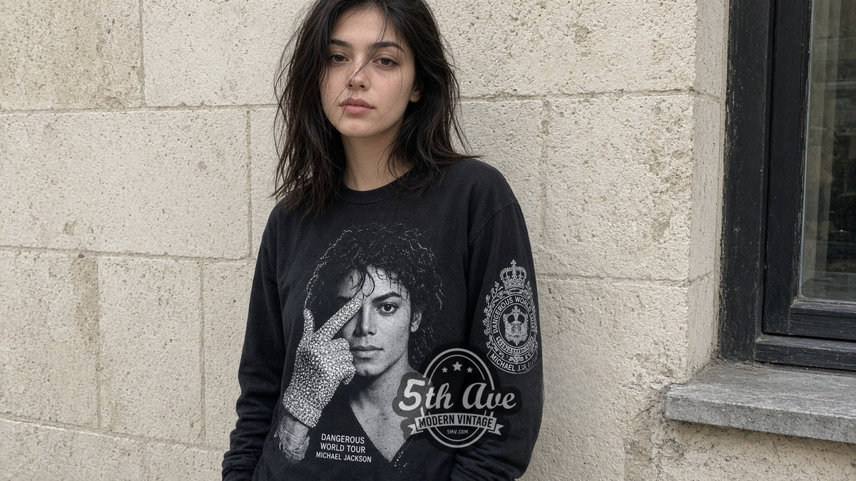 Model wearing the Michael Jackson Dangerous World Tour / She Drives Me Wild vintage band long sleeve t-shirt