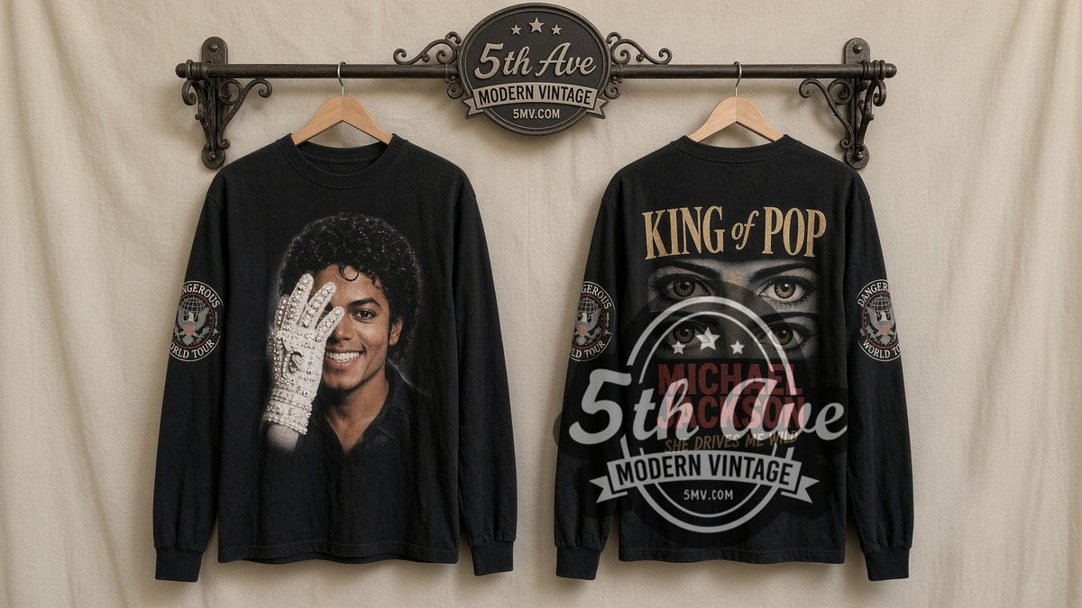 Michael Jackson Dangerous World Tour / She Drives Me Wild vintage band long sleeve t-shirt, front view on a display rack