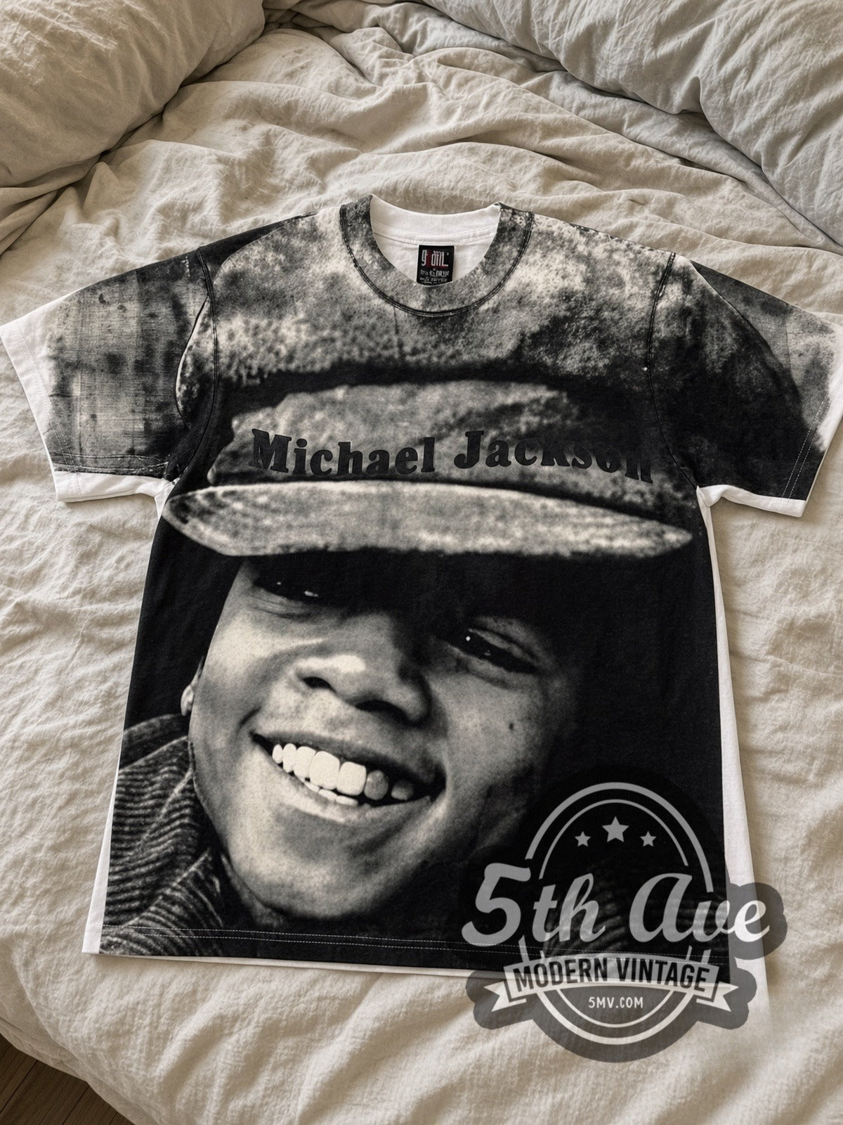 Michael Jackson Hat Portrait White all-over-print vintage graphic tee laid flat