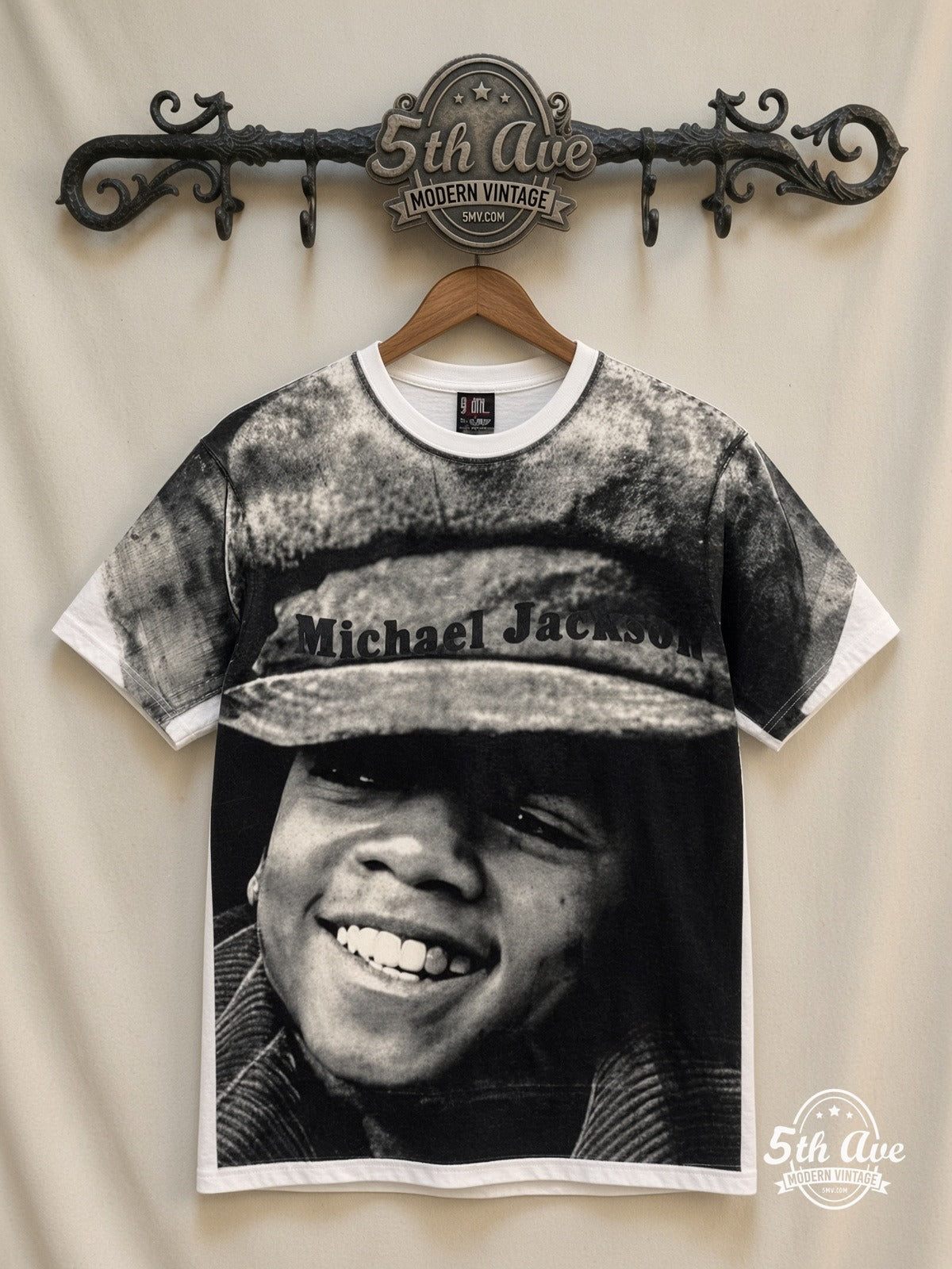 Michael Jackson Hat Portrait White all over print vintage band t-shirt front on cream 5th Ave rack