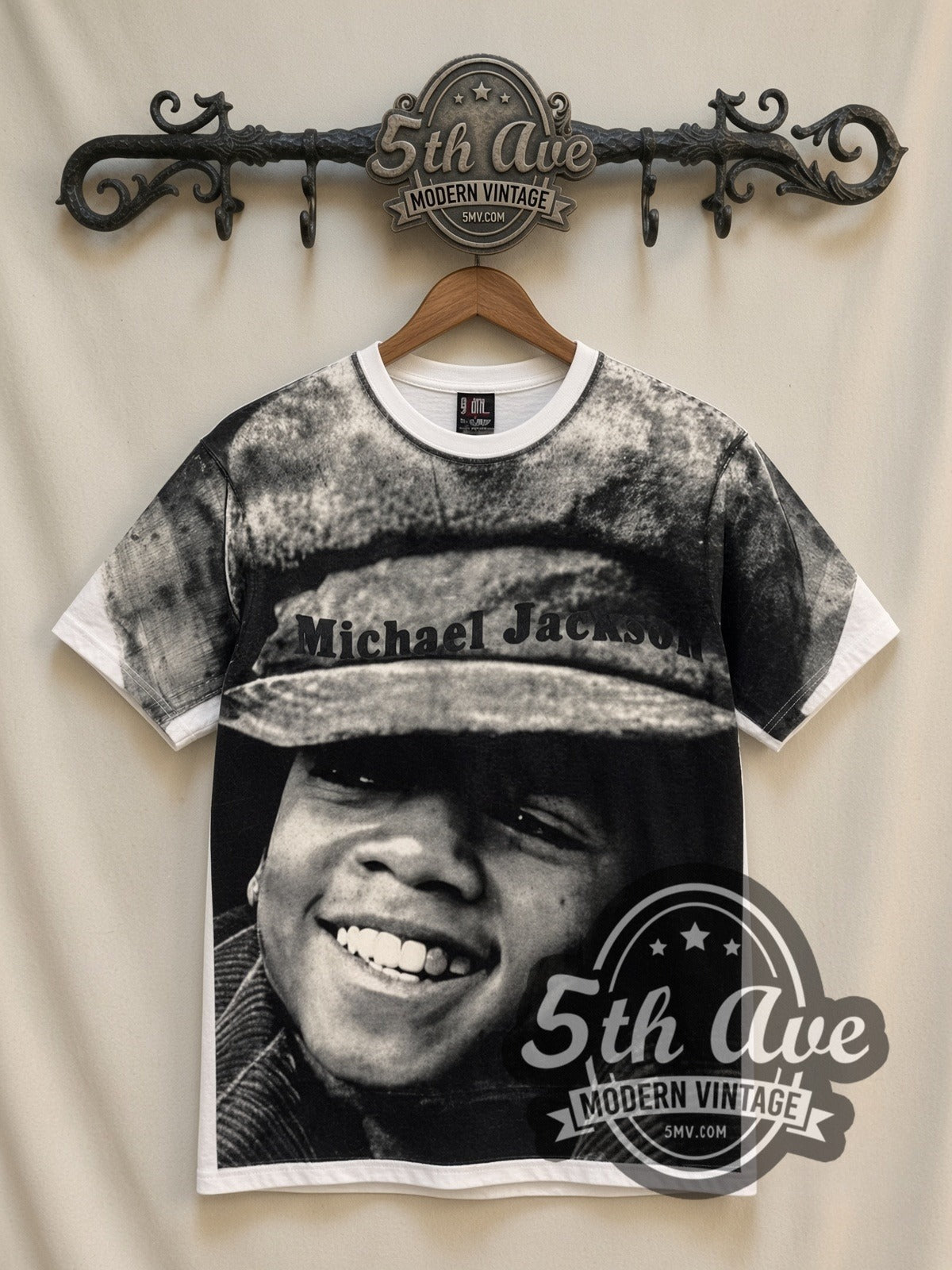 Michael Jackson Hat Portrait all-over-print graphic tee in white, front view on a display rack