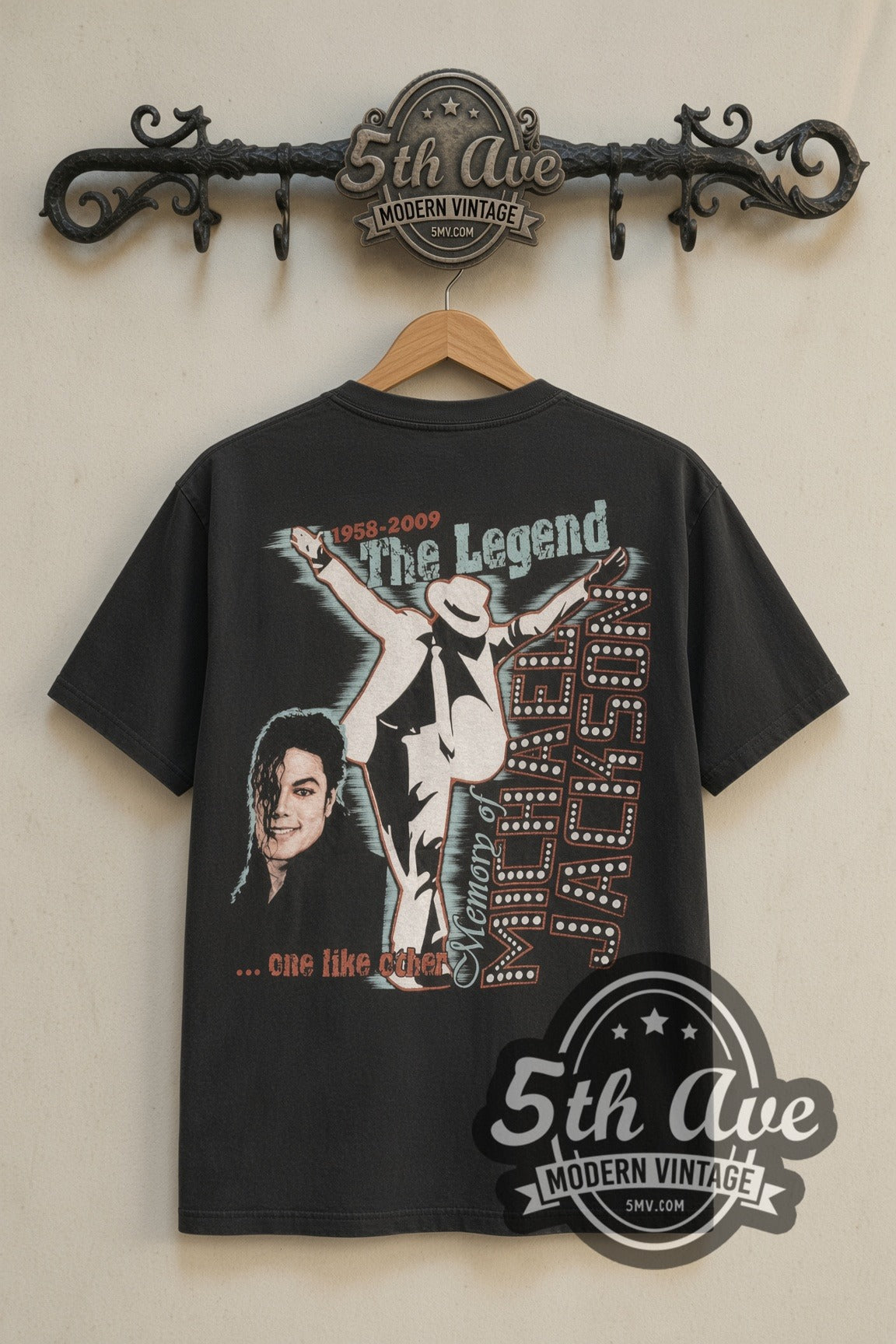 Back print of Michael Jackson The Legend marquee tee on the 5MV rack