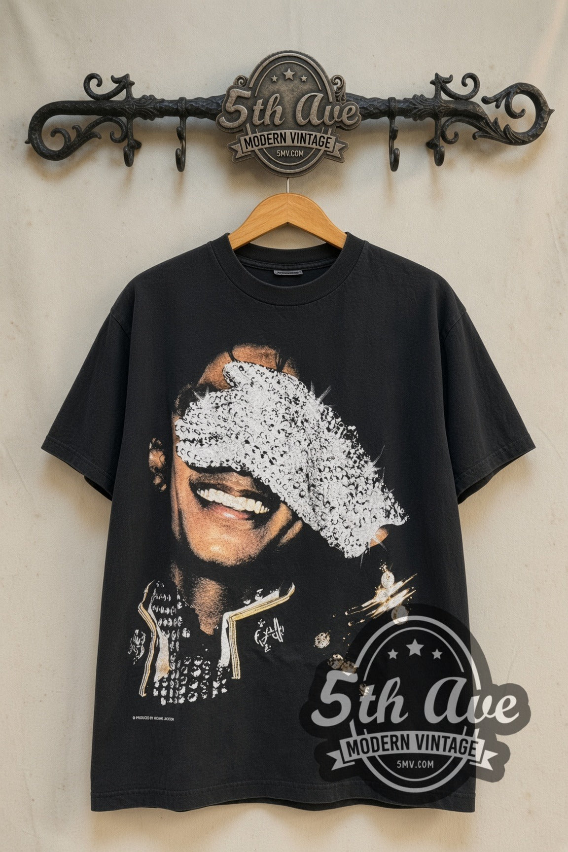 Michael Jackson sequin glove band t-shirt front on cream 5th Ave rack
