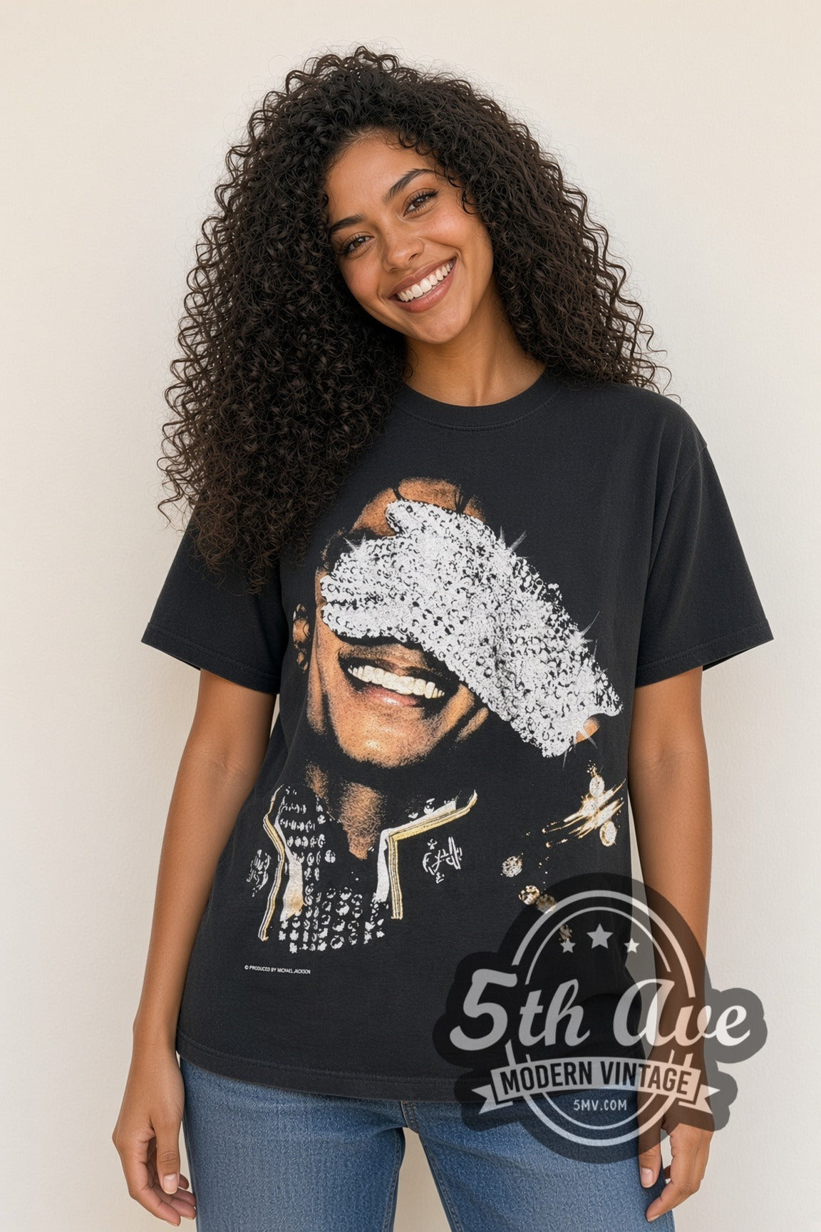 Woman wearing Michael Jackson sequin glove King of Pop vintage band t-shirt