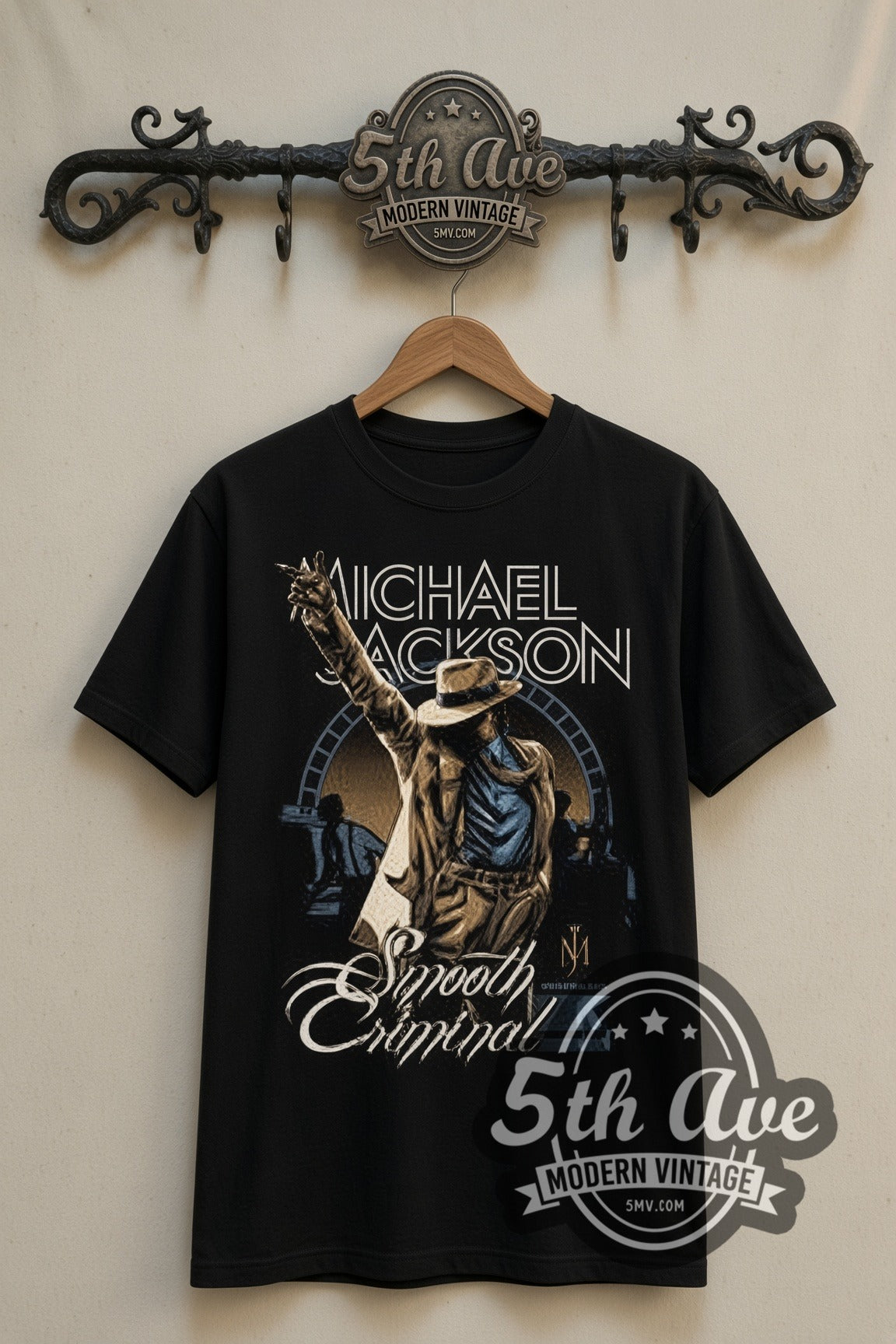 Michael Jackson Smooth Criminal double stitched black tee front on dark iron 5th Ave rack