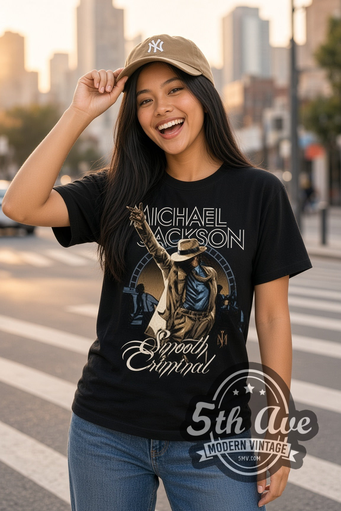 Woman wearing Michael Jackson Smooth Criminal double stitched black graphic tee