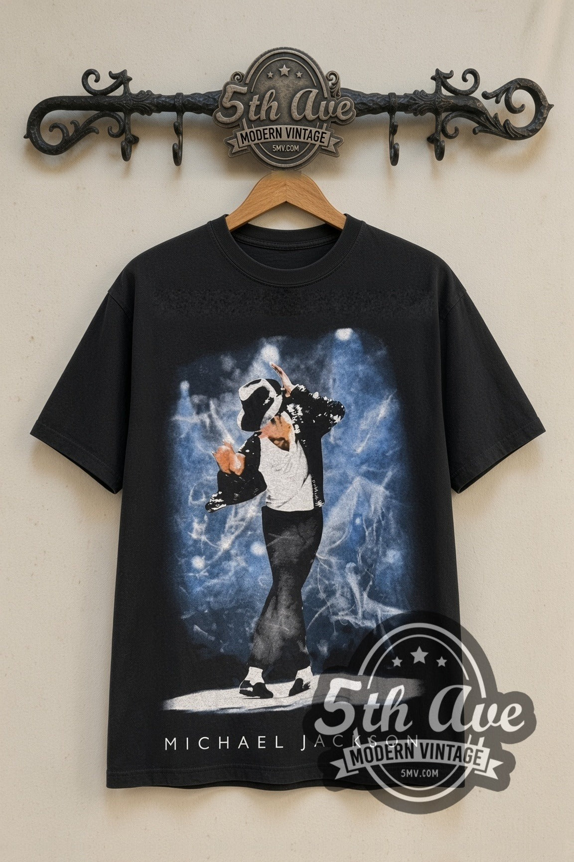 Michael Jackson Stage Dance & Sequin Glove Mic band t-shirt front on 5th Ave iron rack