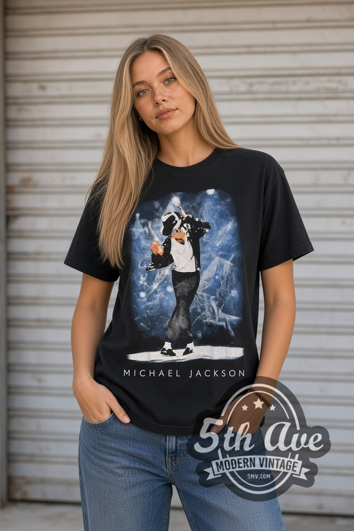 Woman wearing black Michael Jackson Stage Dance & Sequin Glove Mic vintage band t-shirt