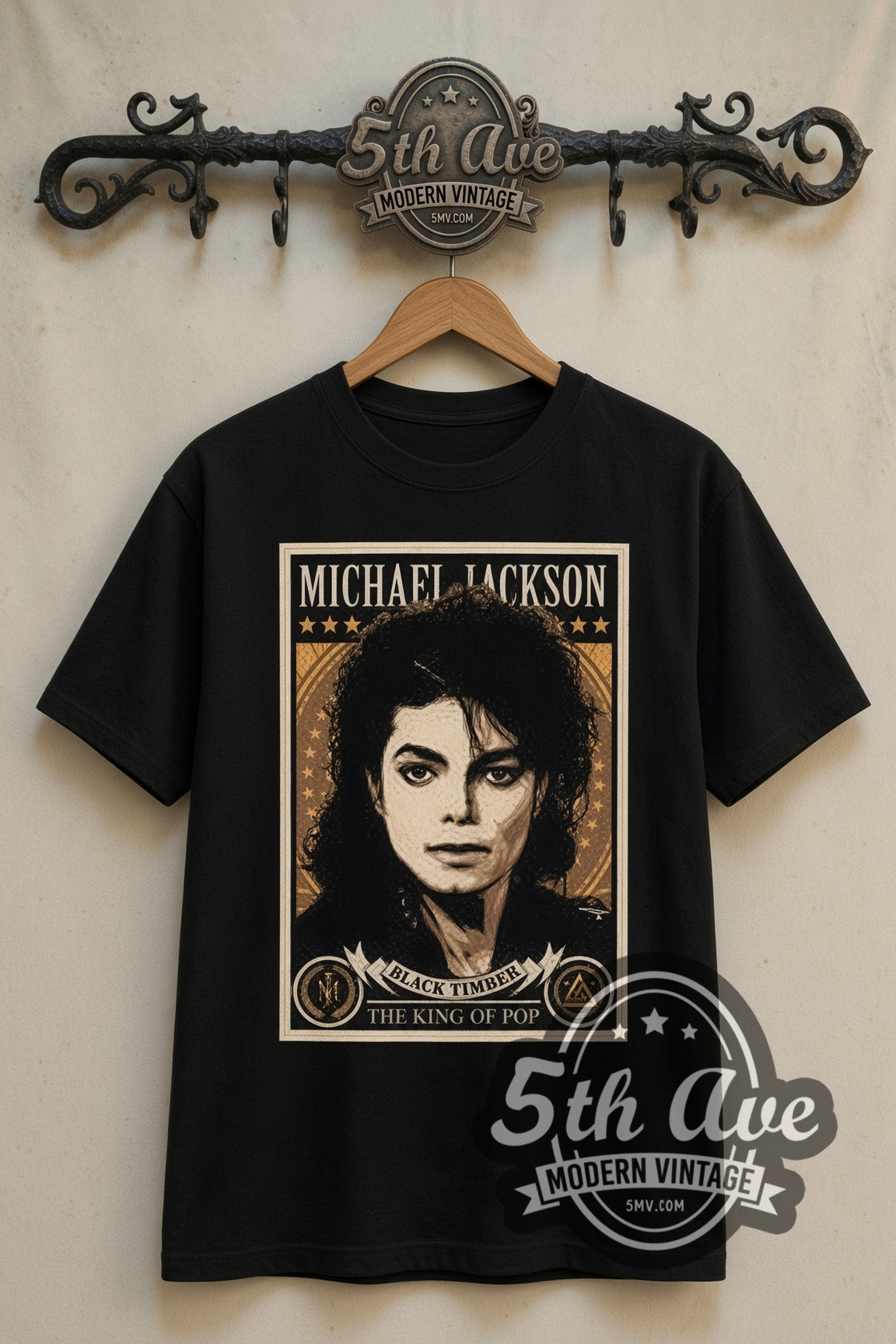 Michael Jackson The King of Pop Poster Portrait double stitched black tee front on dark iron 5th Ave rack