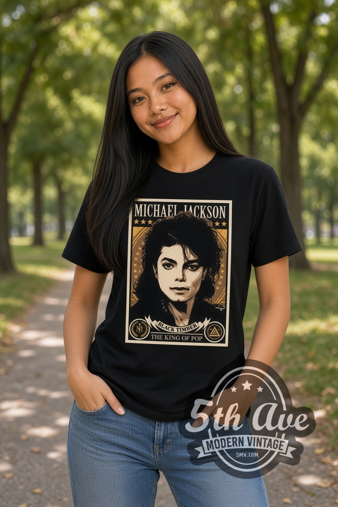 Woman wearing Michael Jackson The King of Pop Poster Portrait double stitched black graphic tee