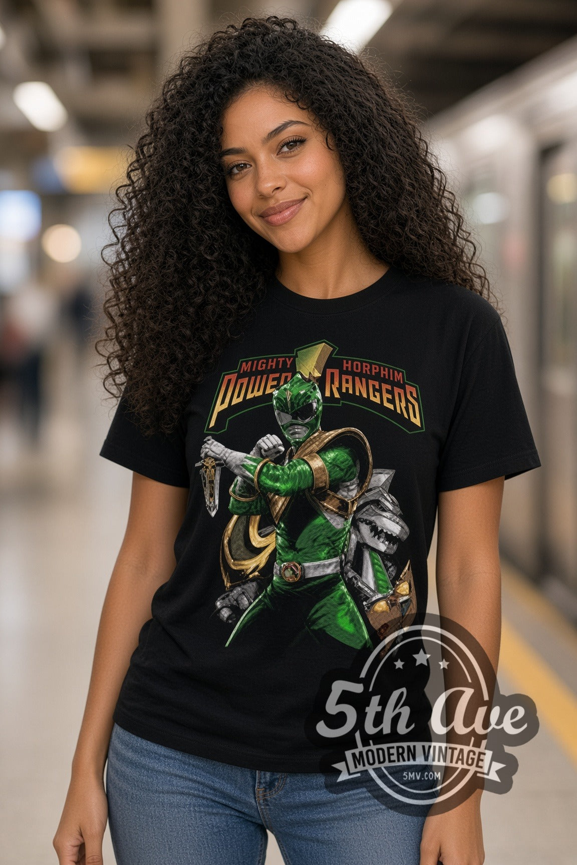 Woman wearing Power Rangers Green Ranger double stitched black graphic tee