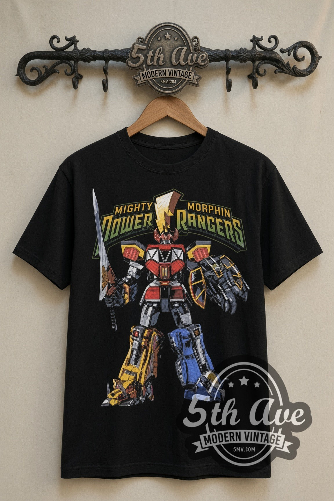 Mighty Morphin Power Rangers Megazord double stitched black tee front on dark iron 5th Ave rack