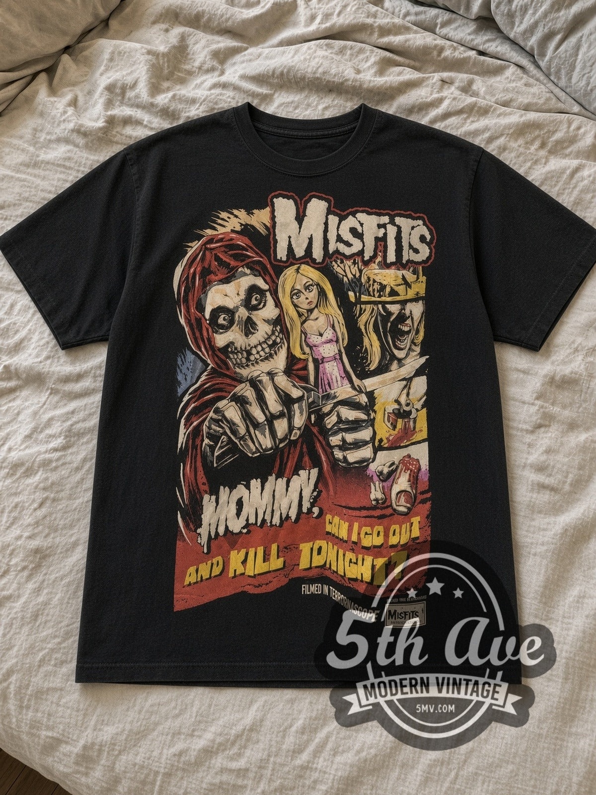 Black Misfits Mommy Can I Go Out And Kill Tonight Vintage Band T-Shirt laid flat on a linen bed
