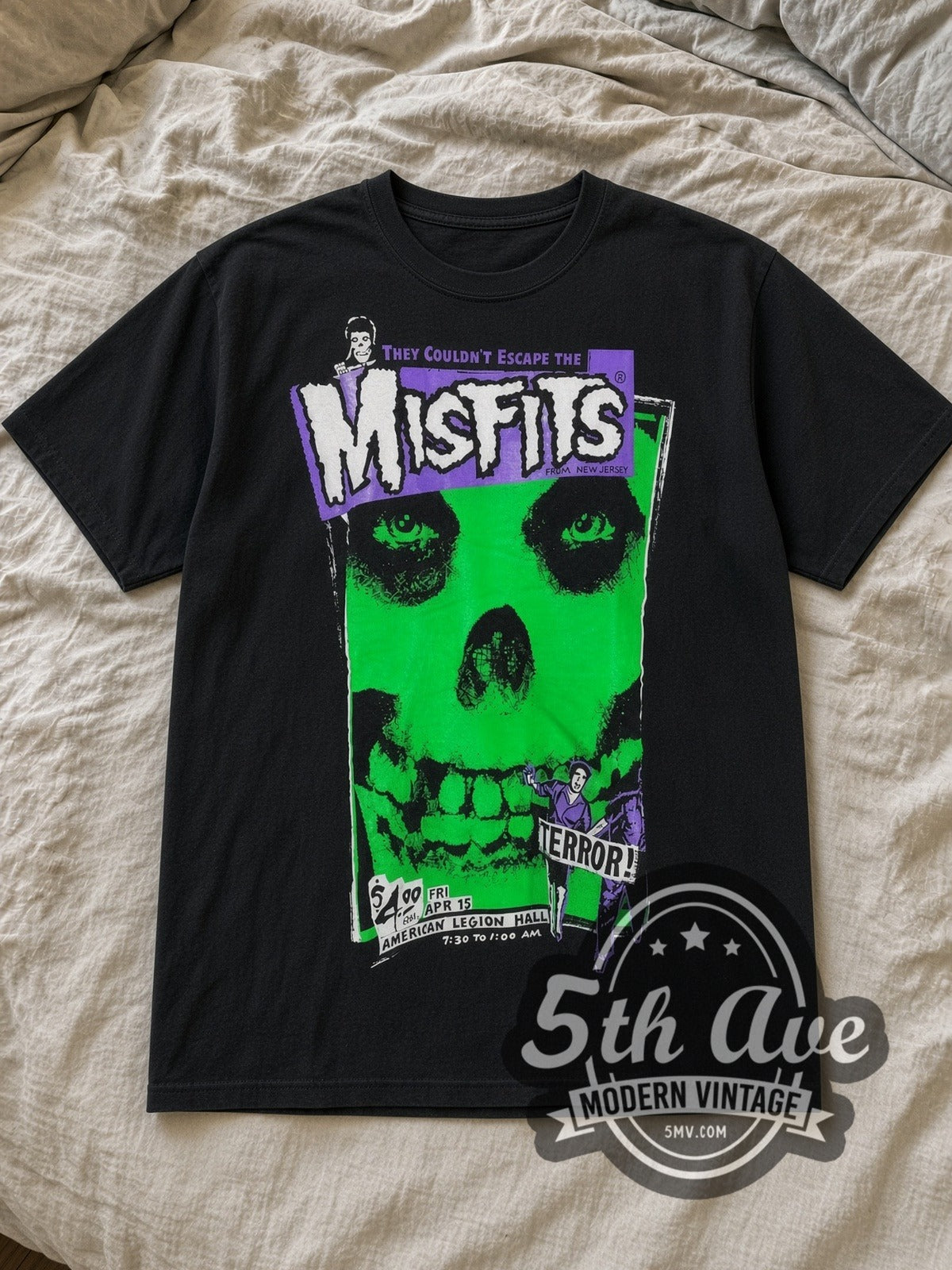 Black Misfits They Couldn't Escape the Misfits Vintage Band T-Shirt laid flat on a linen bed