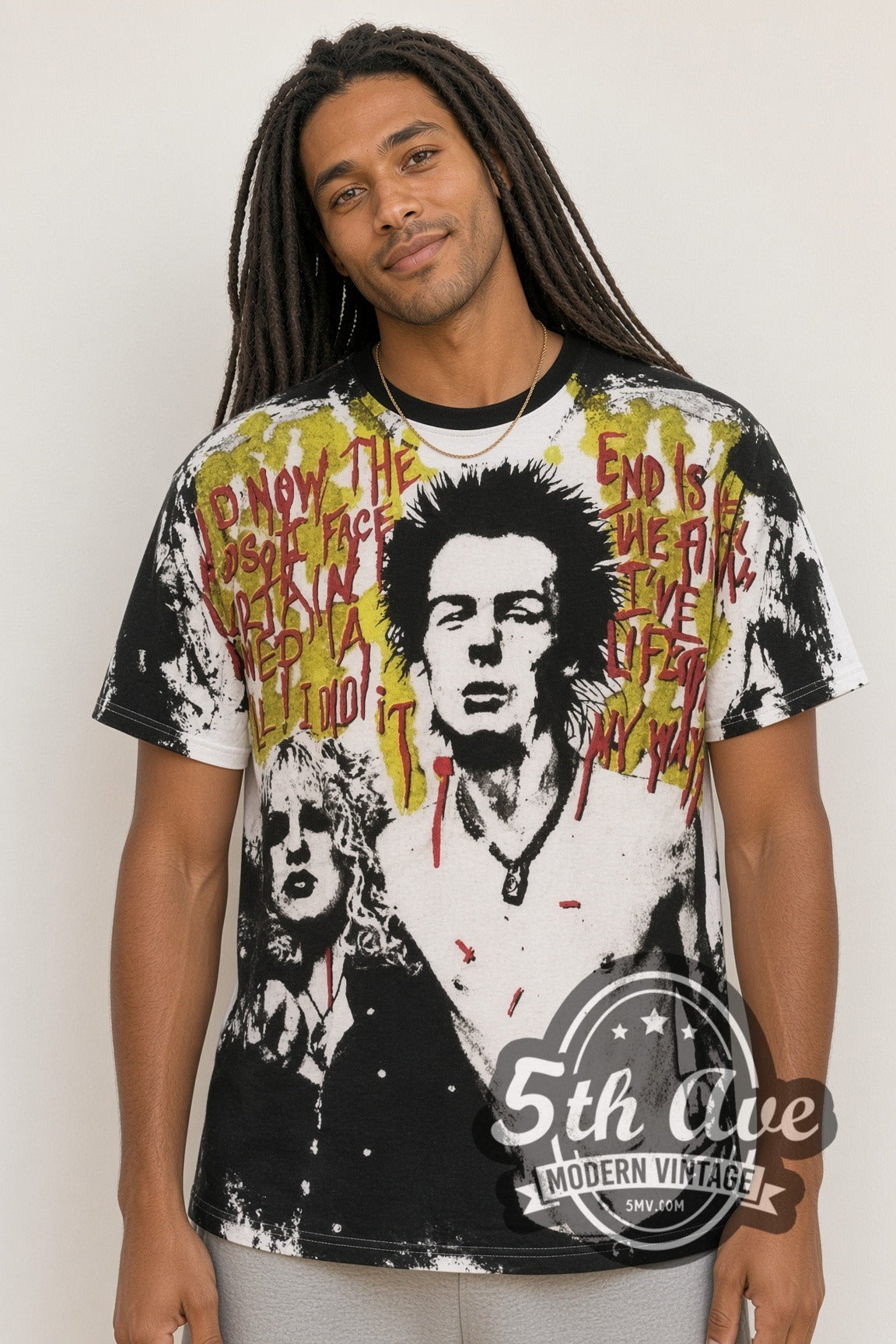 Model wearing the Sex Pistols Sid Vicious Sid and Nancy all-over-print vintage band t-shirt