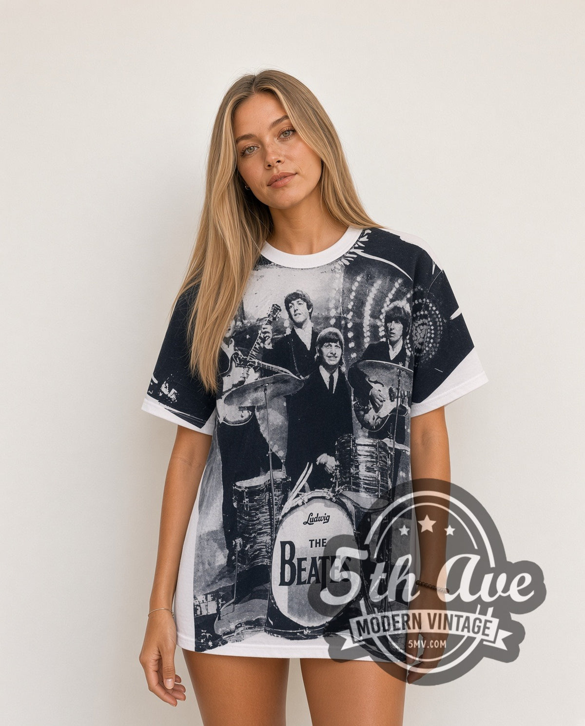 Model wearing The Beatles Early Era Live Stage Photo vintage band t-shirt