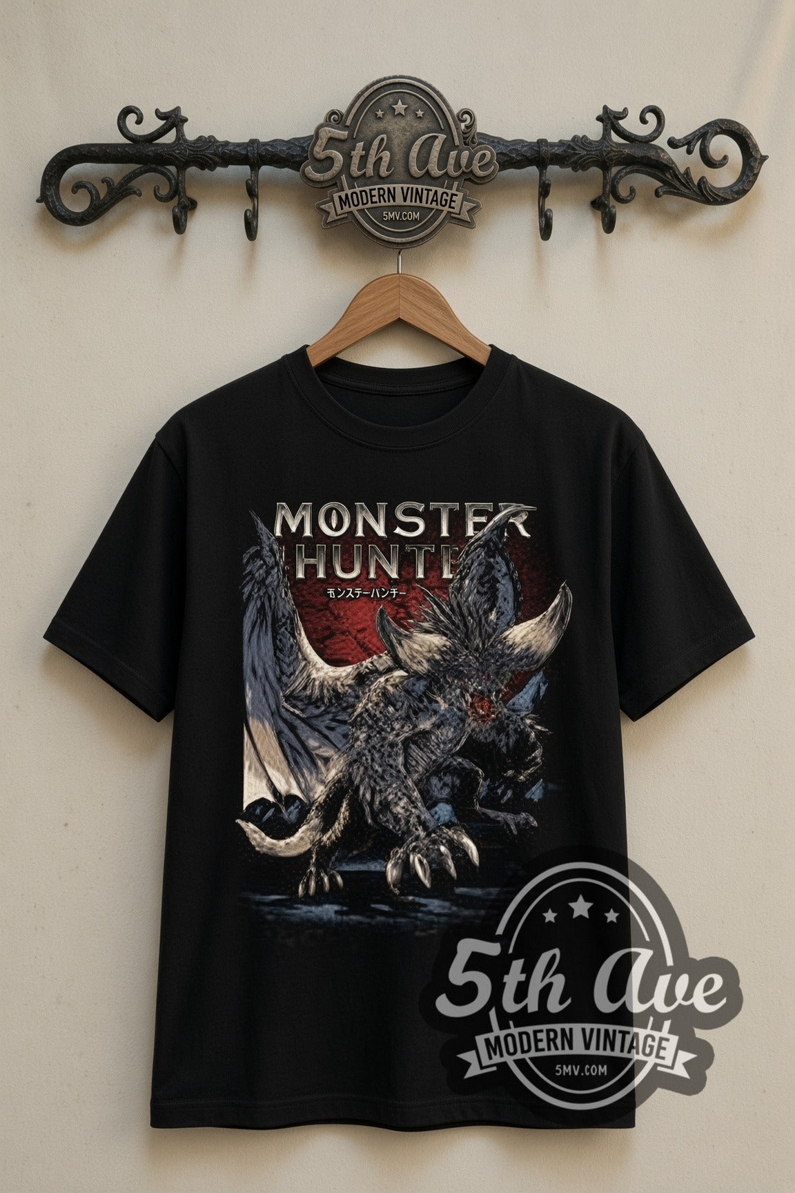 Monster Hunter Nergigante double stitched black tee front on dark iron 5th Ave rack