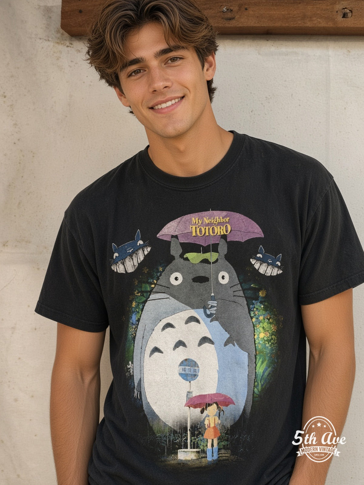 Model wearing My Neighbor Totoro Bus Stop vintage t-shirt