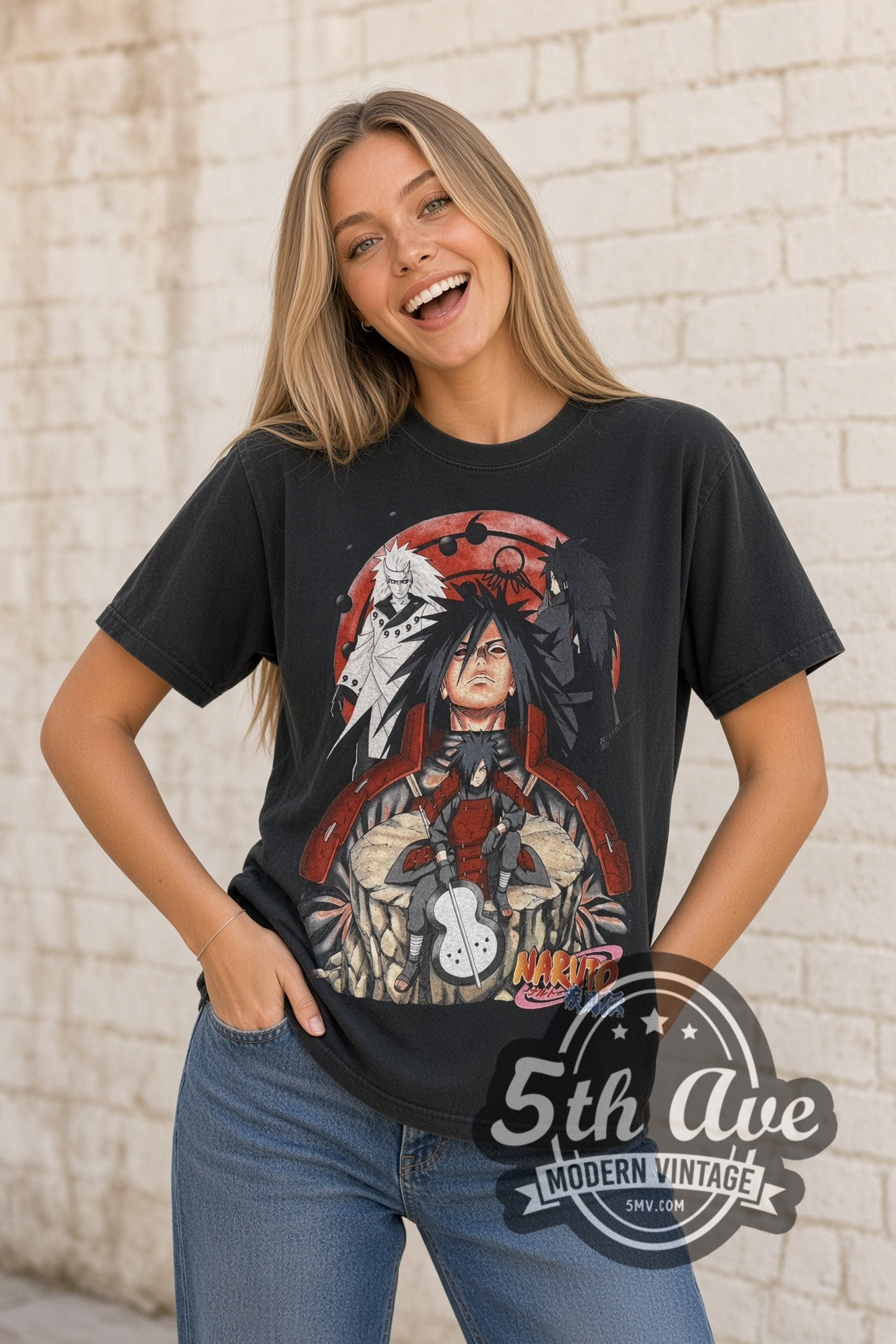 Woman wearing black Naruto Shippuden vintage anime t-shirt