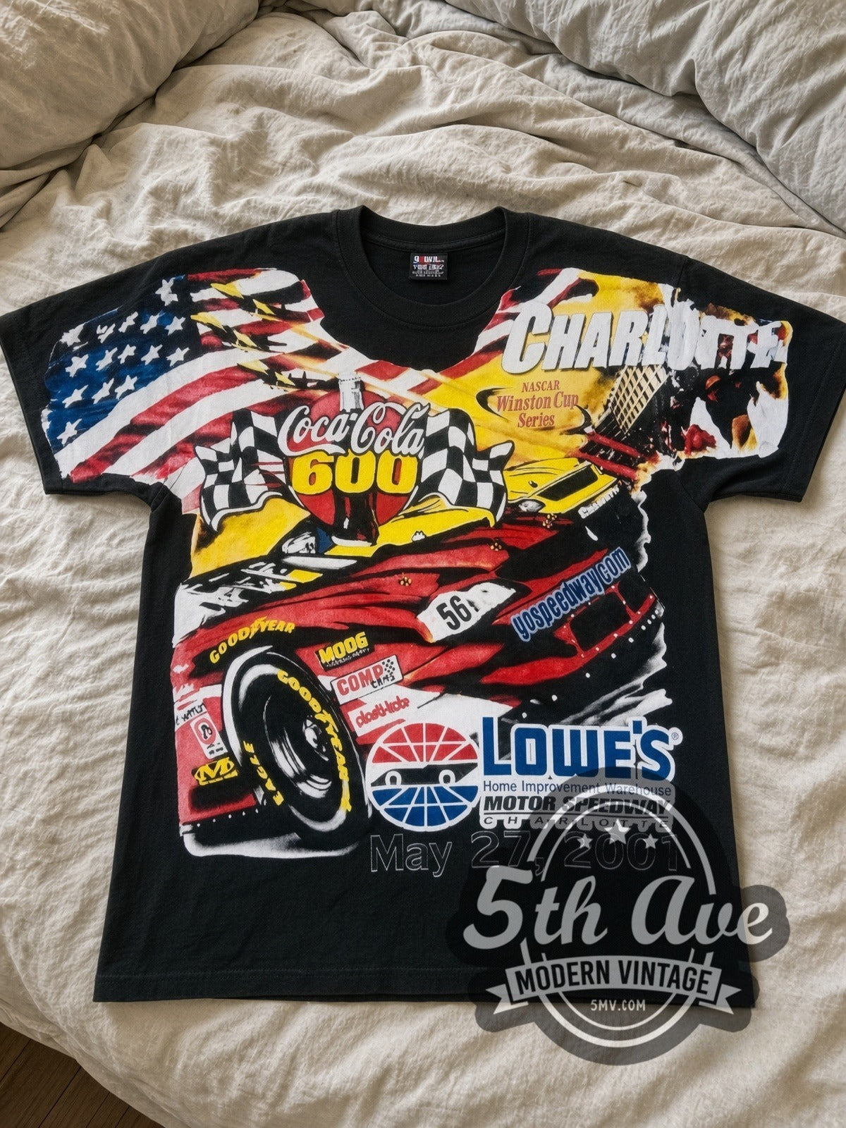 NASCAR Coca-Cola 600 Charlotte 2001 Lowe's all-over-print vintage NASCAR tee in black laid flat