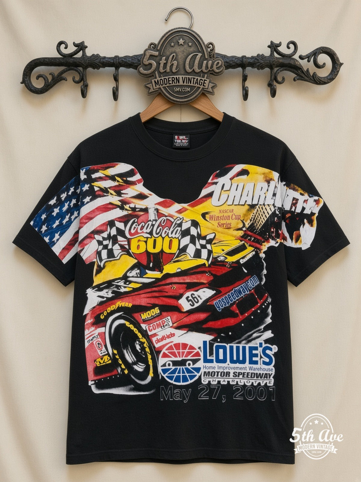 NASCAR Coca-Cola 600 Charlotte 2001 Lowes all over print vintage nascar t-shirt front on cream 5th Ave rack