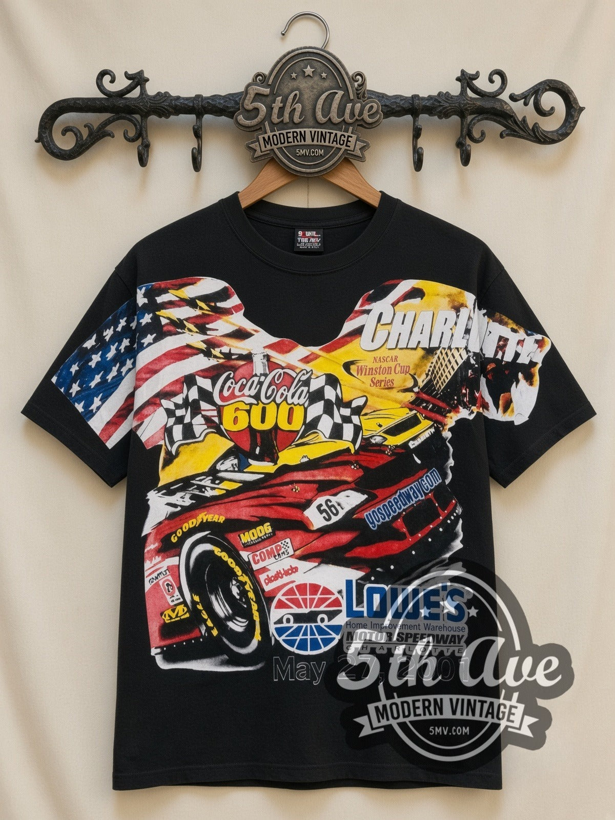 NASCAR Coca-Cola 600 Charlotte 2001 Lowe's all-over-print vintage NASCAR t-shirt in black, front view on a display rack