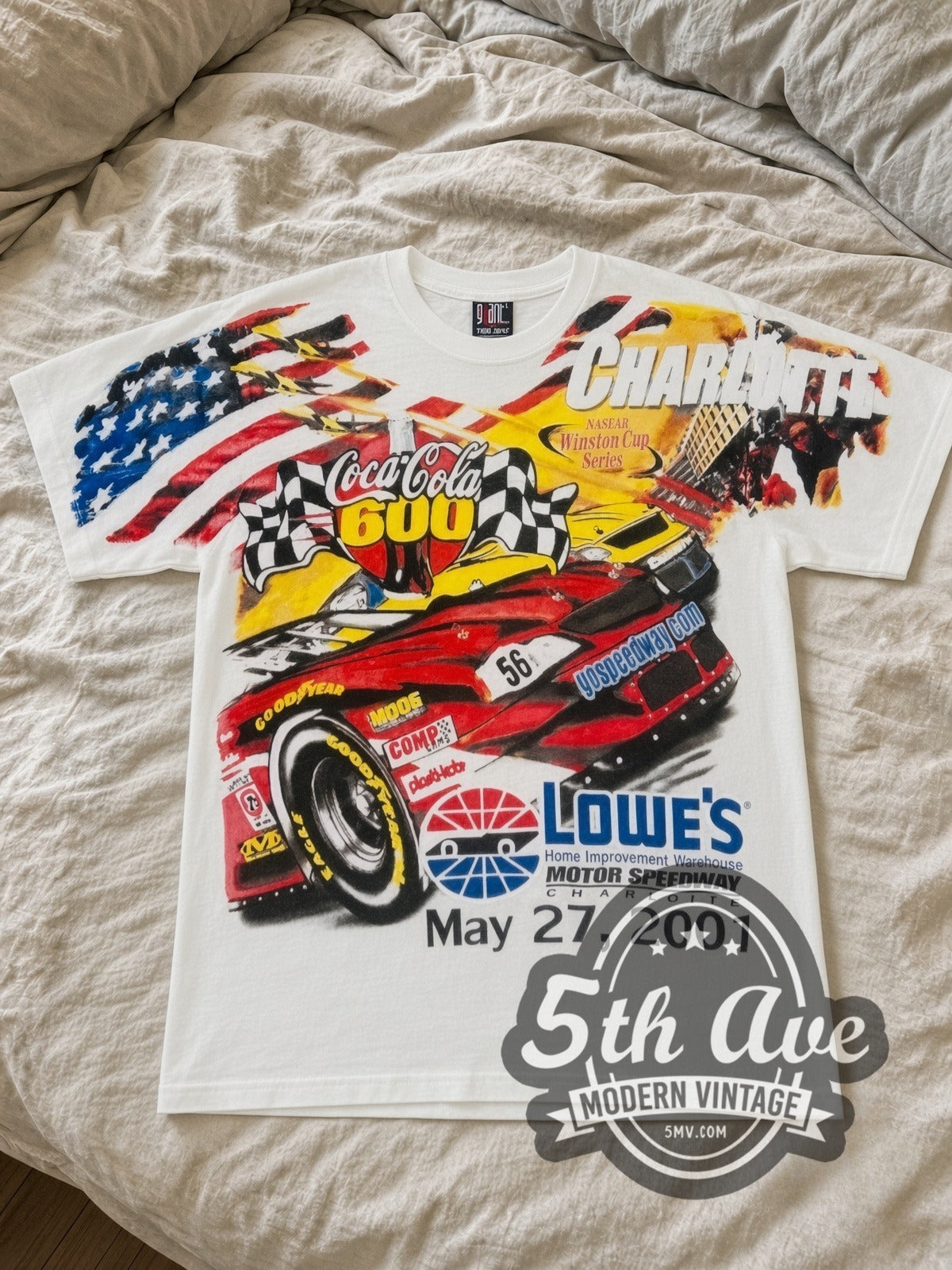 NASCAR Coca-Cola 600 Charlotte 2001 Lowe's all-over-print vintage NASCAR tee in white laid flat